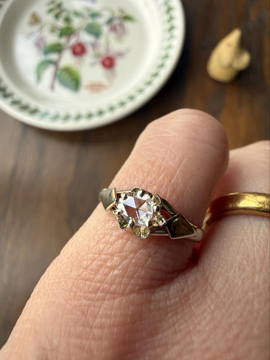 French Antique Rose Cut DIAMOND Solitaire 18k White Gold Ring Disco Ball Stacker Open Back Engagement Pinky Band