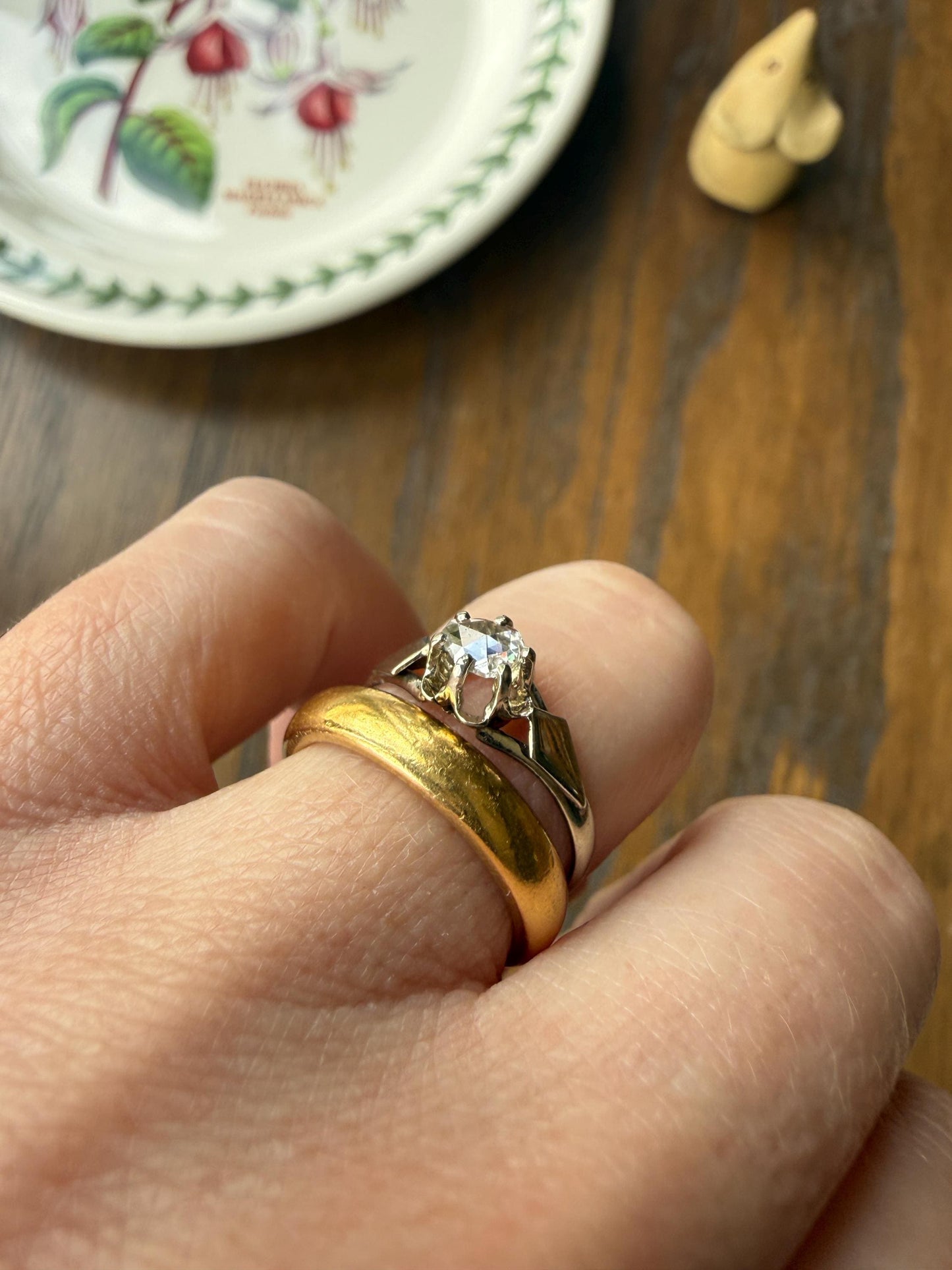 French Antique Rose Cut DIAMOND Solitaire 18k White Gold Ring Disco Ball Stacker Open Back Engagement Pinky Band