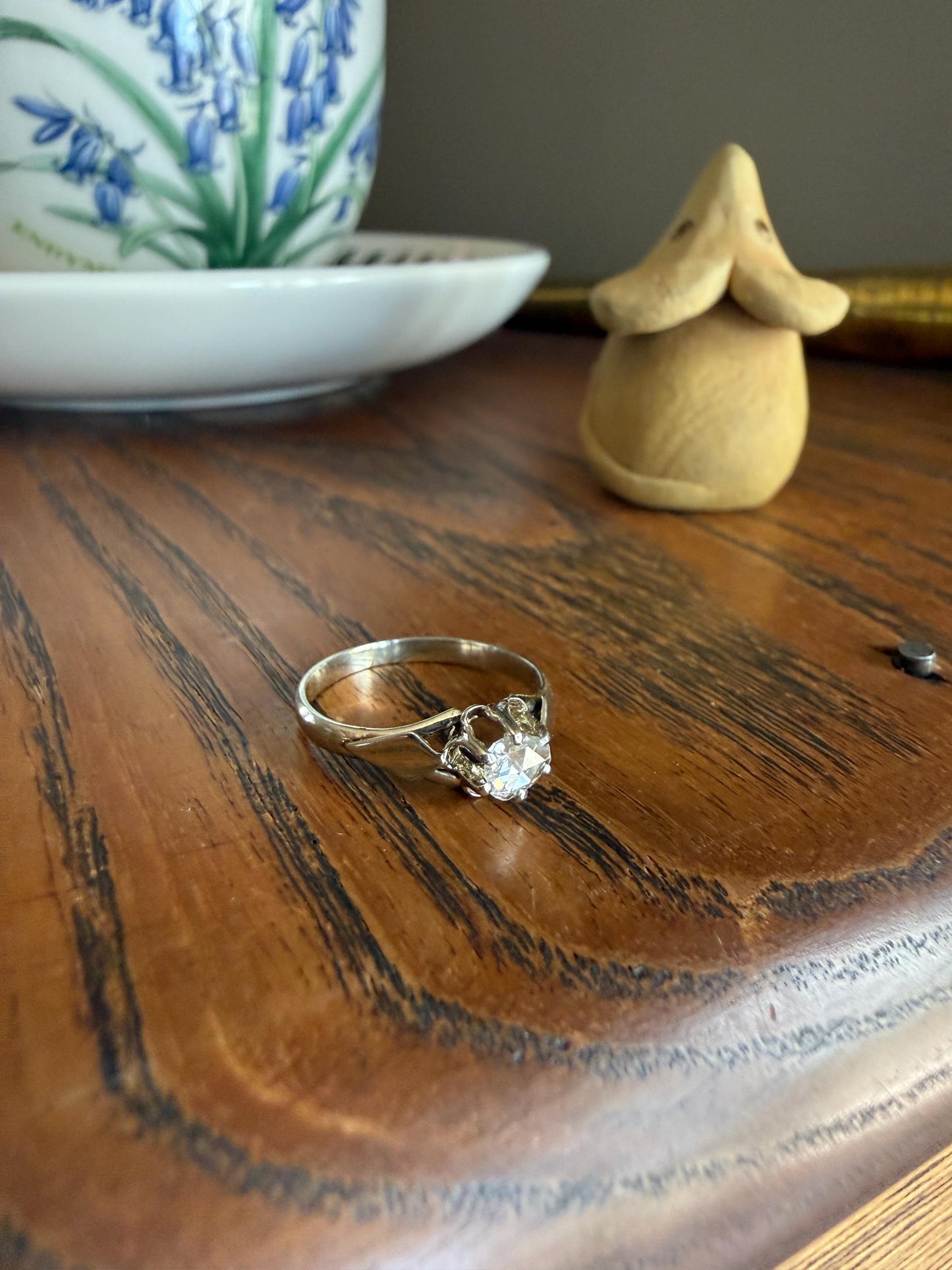 French Antique Rose Cut DIAMOND Solitaire 18k White Gold Ring Disco Ball Stacker Open Back Engagement Pinky Band
