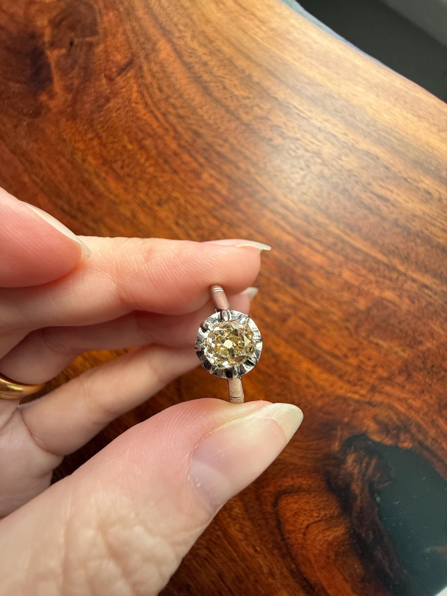 CHAMPAGNE Extra Chunky Old Mine Cut DIAMOND Eye Clean .8 Carat Antique Solitiare Ring French Platinum Skinny Band Engagement OMC