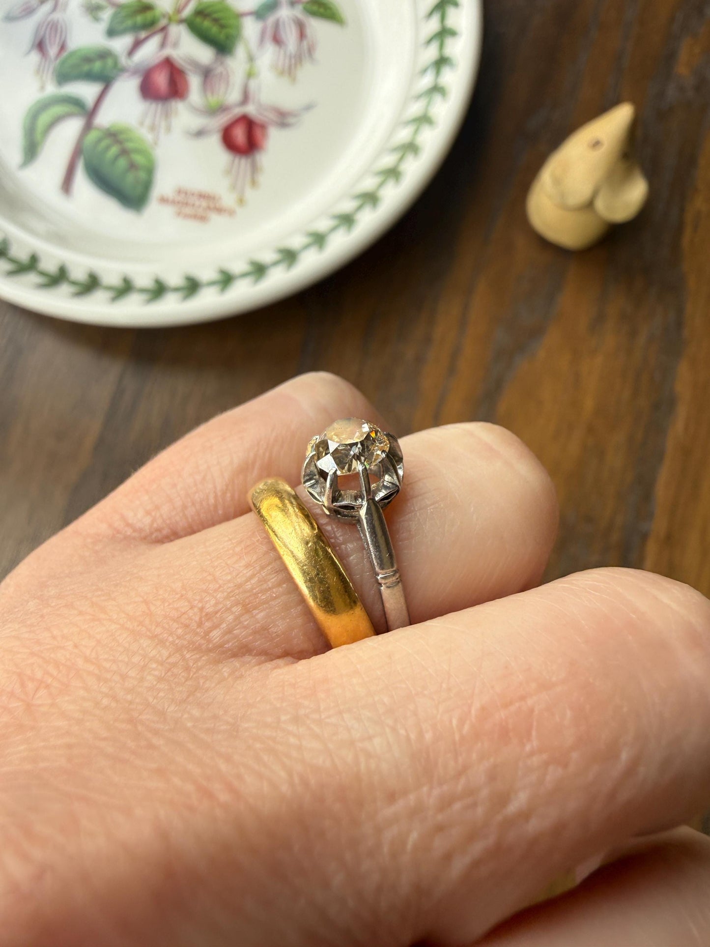 CHAMPAGNE Extra Chunky Old Mine Cut DIAMOND Eye Clean .8 Carat Antique Solitiare Ring French Platinum Skinny Band Engagement OMC