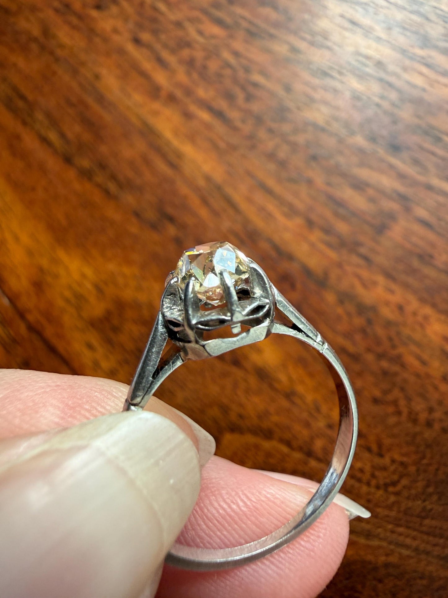 CHAMPAGNE Extra Chunky Old Mine Cut DIAMOND Eye Clean .8 Carat Antique Solitiare Ring French Platinum Skinny Band Engagement OMC