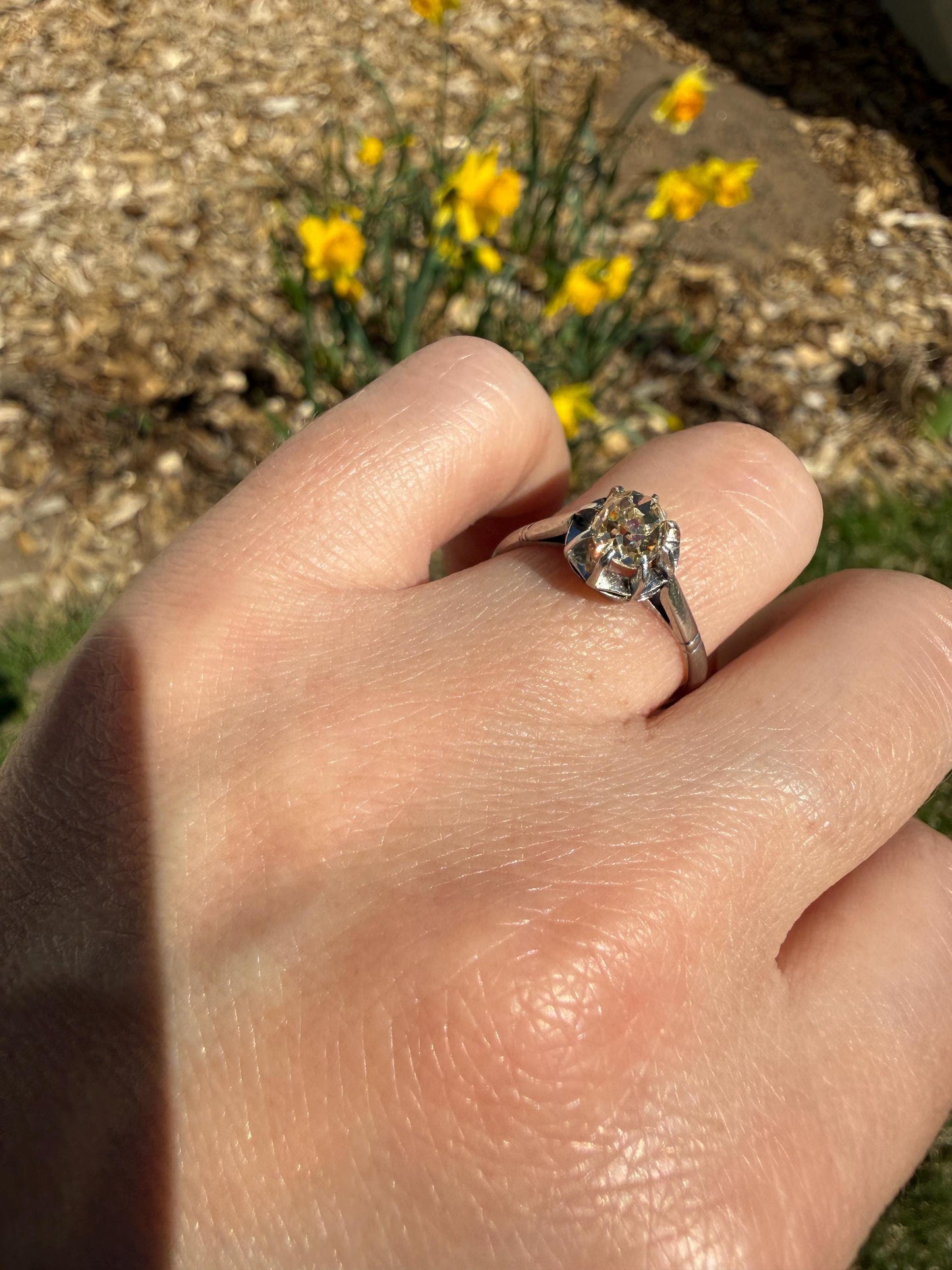 CHAMPAGNE Extra Chunky Old Mine Cut DIAMOND Eye Clean .8 Carat Antique Solitiare Ring French Platinum Skinny Band Engagement OMC