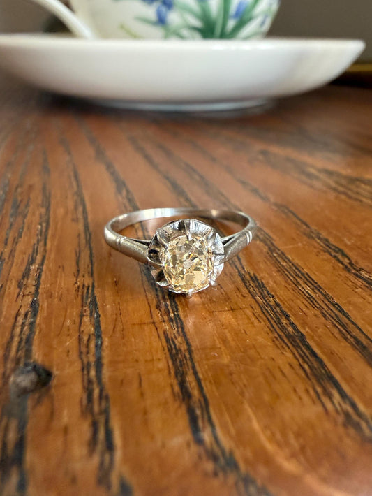 CHAMPAGNE Extra Chunky Old Mine Cut DIAMOND Eye Clean .8 Carat Antique Solitiare Ring French Platinum Skinny Band Engagement OMC