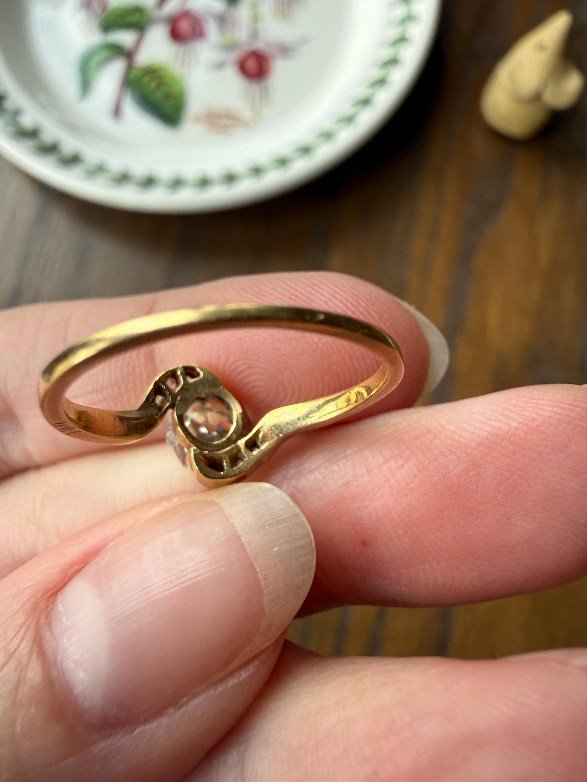 French Antique .6 Carat Natural Old Mine Rose Cut DIAMOND Solitaire Swirling Bypass 18k Gold Solid Ring Ornate Stacker Unique Engagement