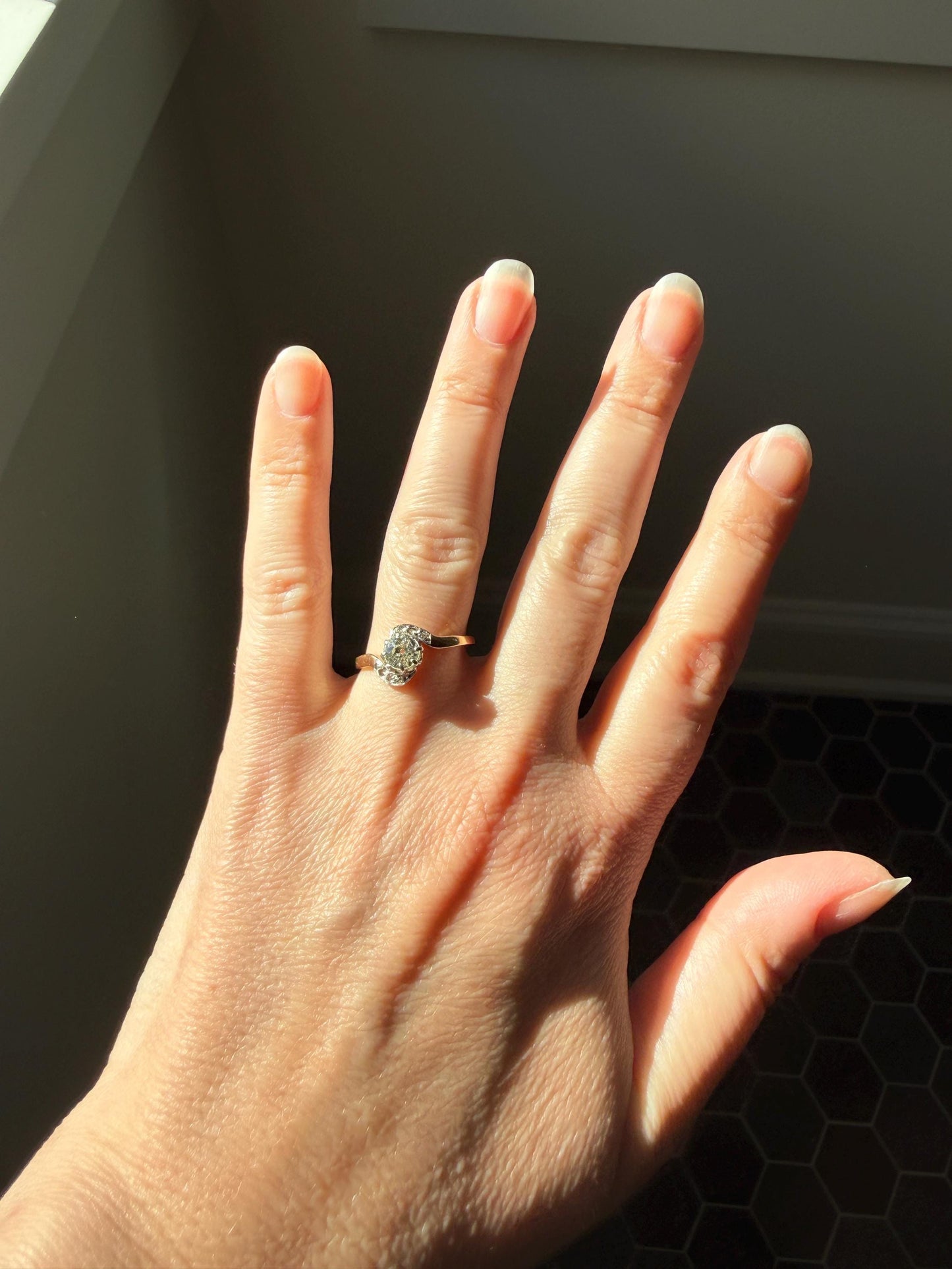 French Antique .6 Carat Natural Old Mine Rose Cut DIAMOND Solitaire Swirling Bypass 18k Gold Solid Ring Ornate Stacker Unique Engagement