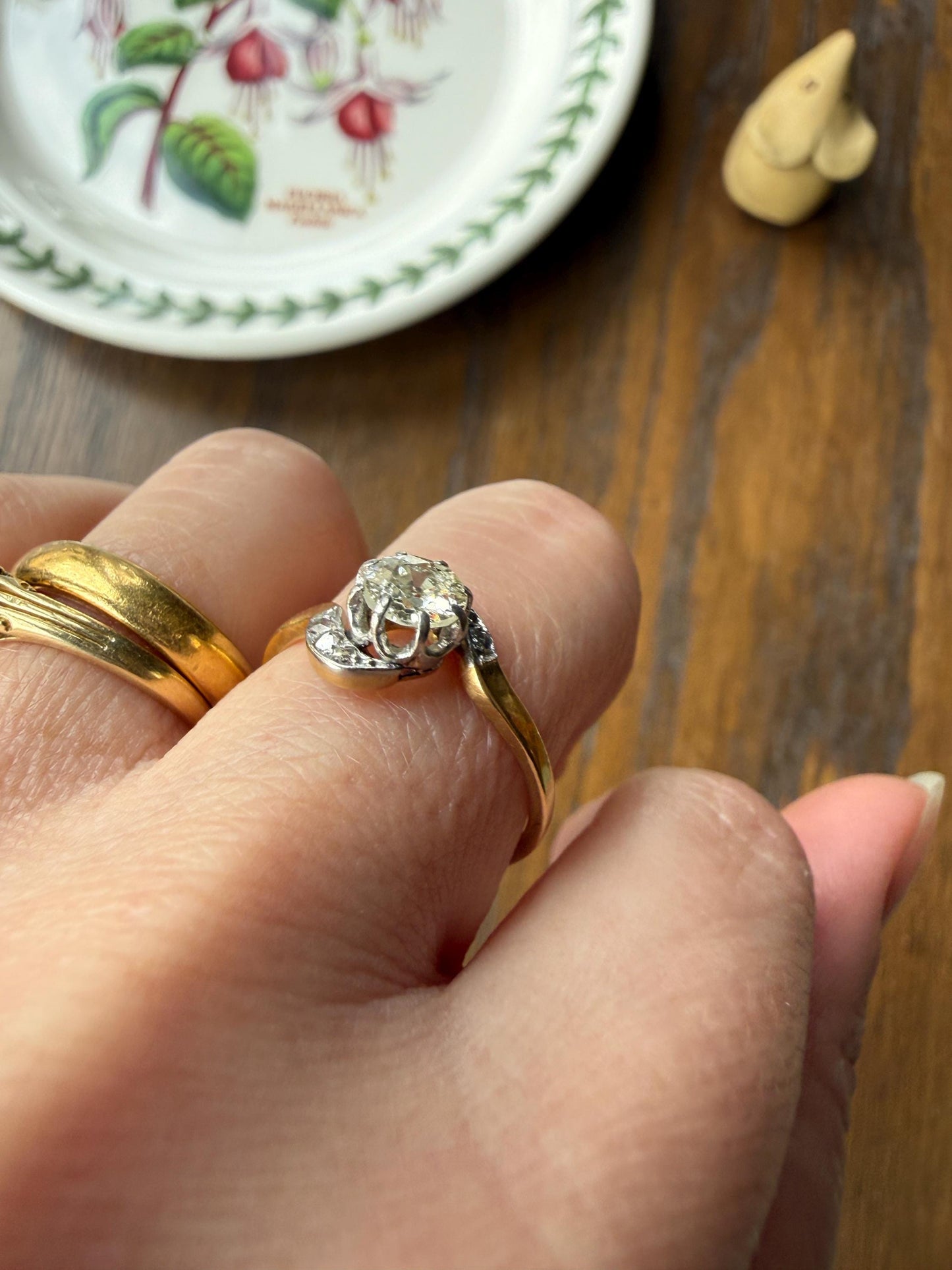 French Antique .6 Carat Natural Old Mine Rose Cut DIAMOND Solitaire Swirling Bypass 18k Gold Solid Ring Ornate Stacker Unique Engagement