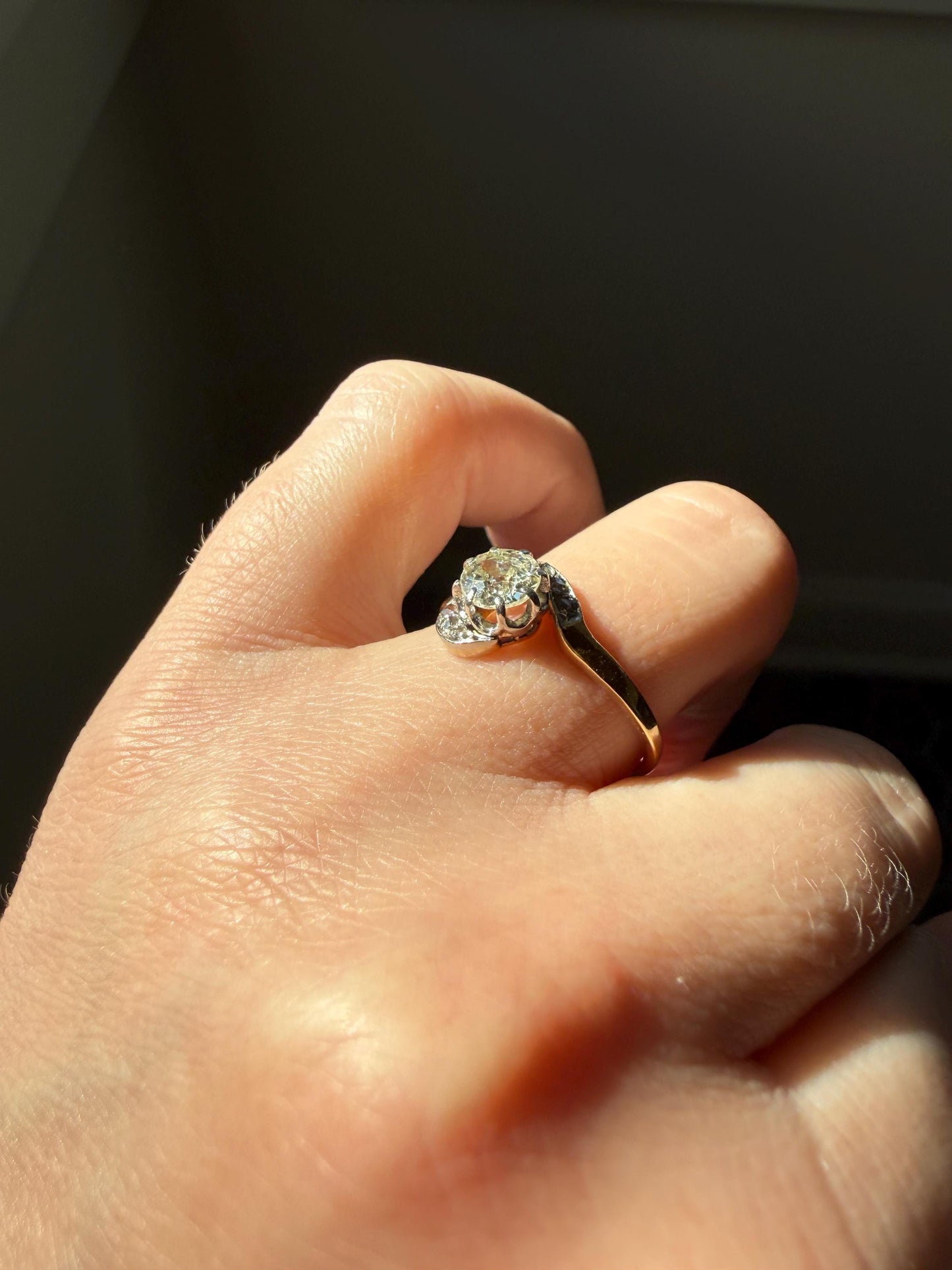 French Antique .6 Carat Natural Old Mine Rose Cut DIAMOND Solitaire Swirling Bypass 18k Gold Solid Ring Ornate Stacker Unique Engagement