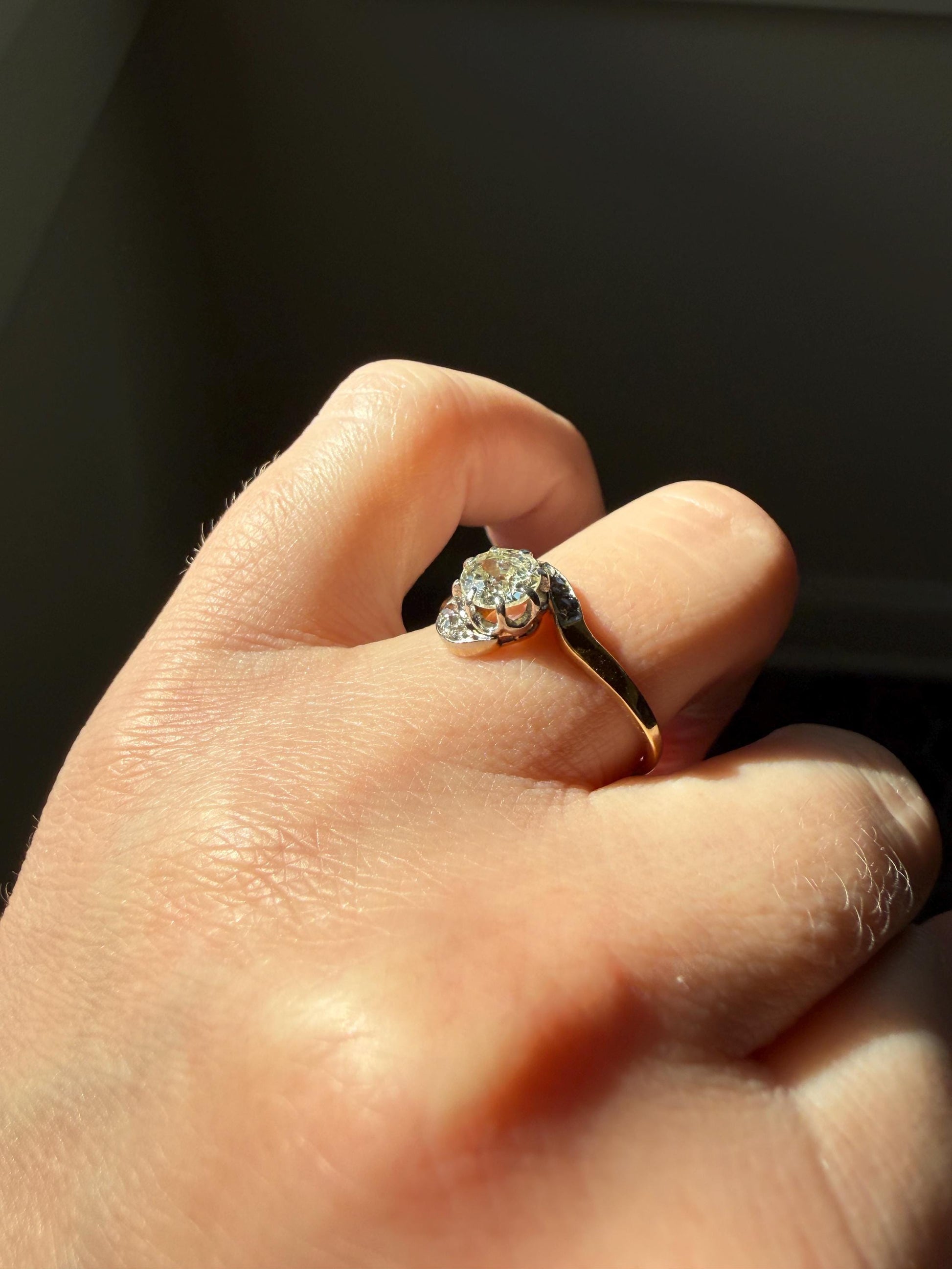 French Antique .6 Carat Natural Old Mine Rose Cut DIAMOND Solitaire Swirling Bypass 18k Gold Solid Ring Ornate Stacker Unique Engagement