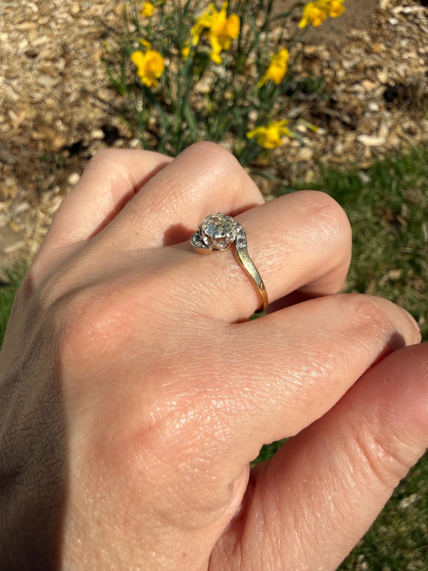 French Antique .6 Carat Natural Old Mine Rose Cut DIAMOND Solitaire Swirling Bypass 18k Gold Solid Ring Ornate Stacker Unique Engagement