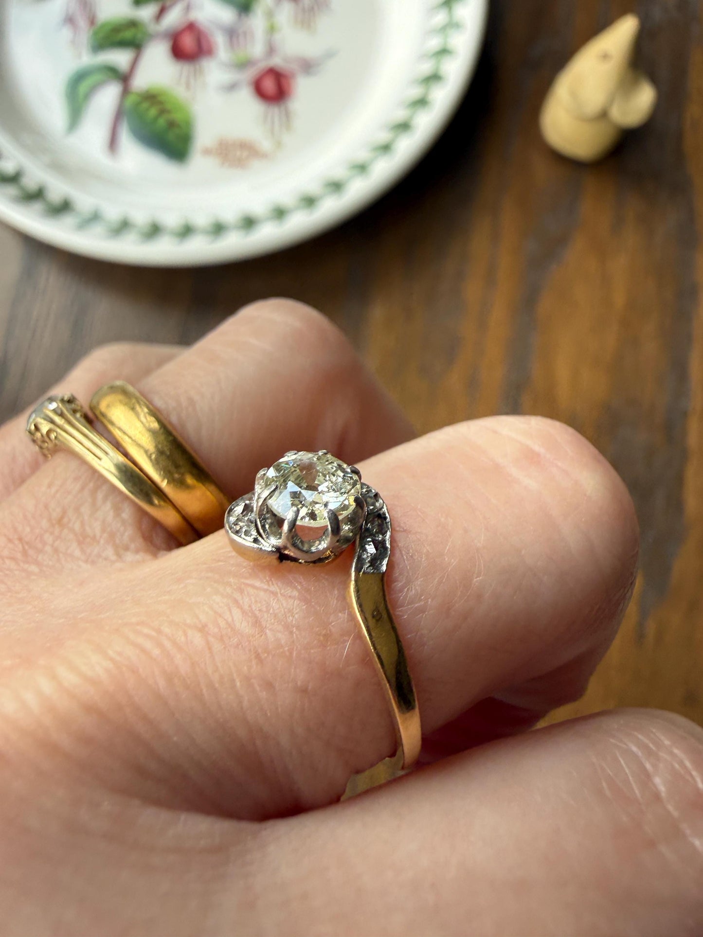 French Antique .6 Carat Natural Old Mine Rose Cut DIAMOND Solitaire Swirling Bypass 18k Gold Solid Ring Ornate Stacker Unique Engagement