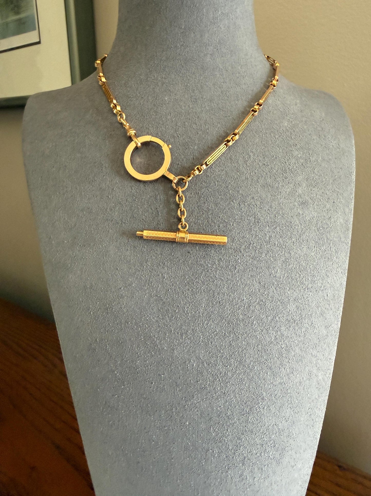 Heavy French Vintage Albert Watch Chain 20g 18k GOLD Solid Chunky Chain Necklace Oval Links XL Spring Ring T Bar Short Choker Extender