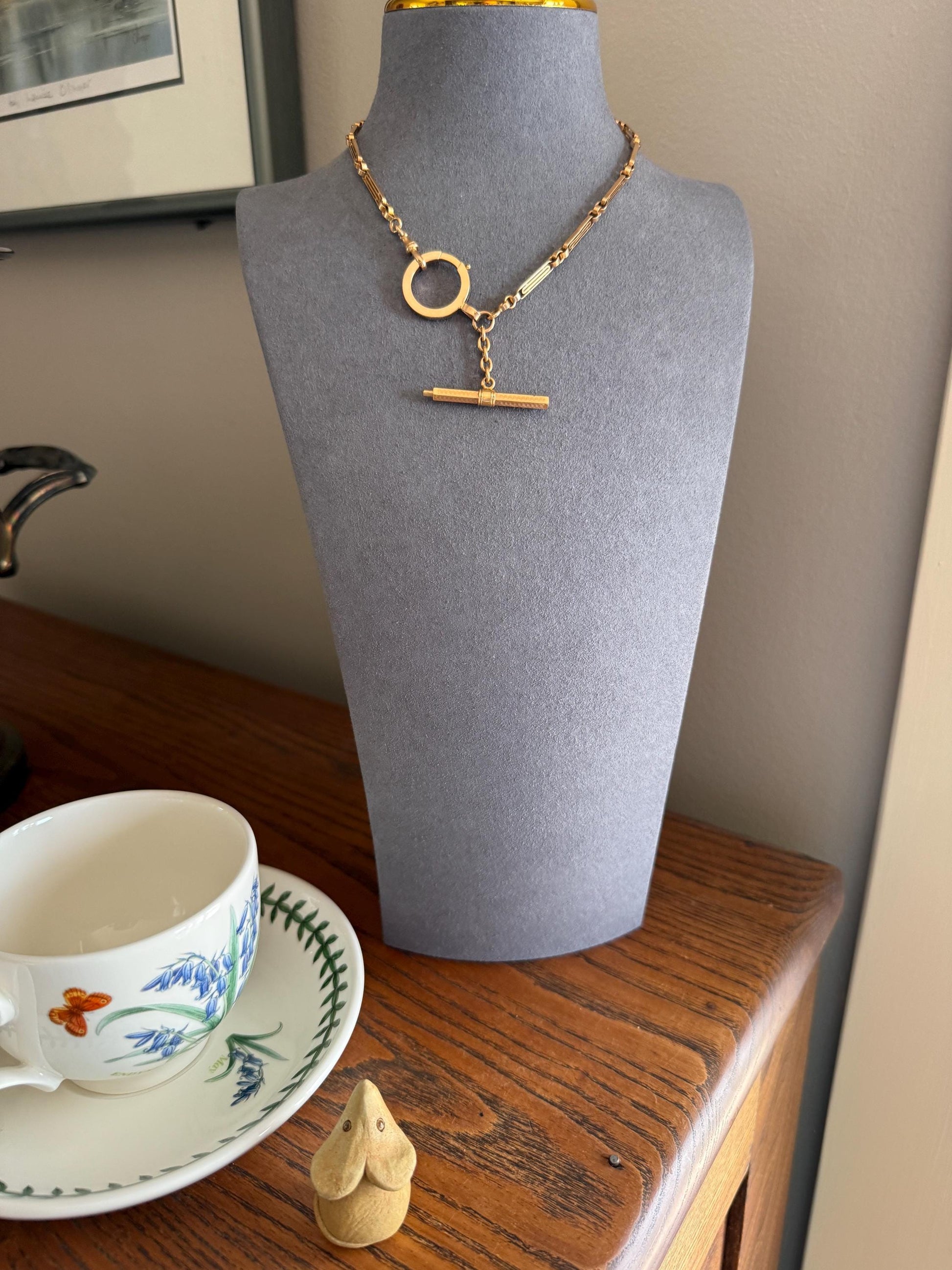 Heavy French Vintage Albert Watch Chain 20g 18k GOLD Solid Chunky Chain Necklace Oval Links XL Spring Ring T Bar Short Choker Extender