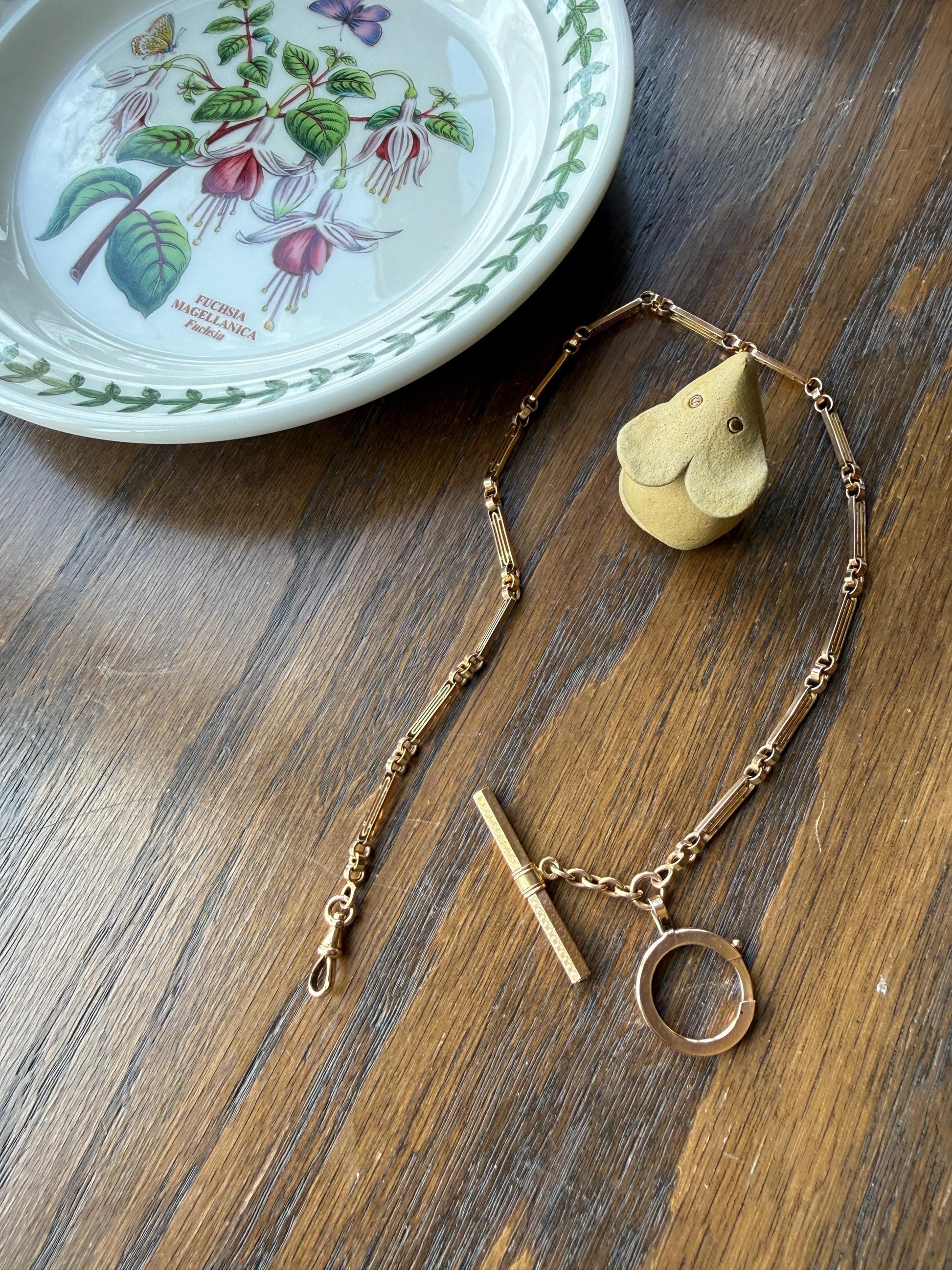 Heavy French Vintage Albert Watch Chain 20g 18k GOLD Solid Chunky Chain Necklace Oval Links XL Spring Ring T Bar Short Choker Extender