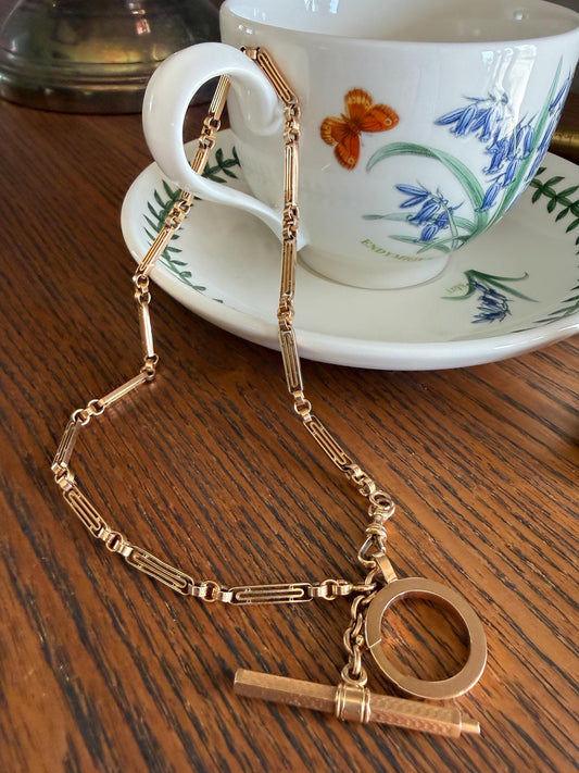 Heavy French Vintage Albert Watch Chain 20g 18k GOLD Solid Chunky Chain Necklace Oval Links XL Spring Ring T Bar Short Choker Extender