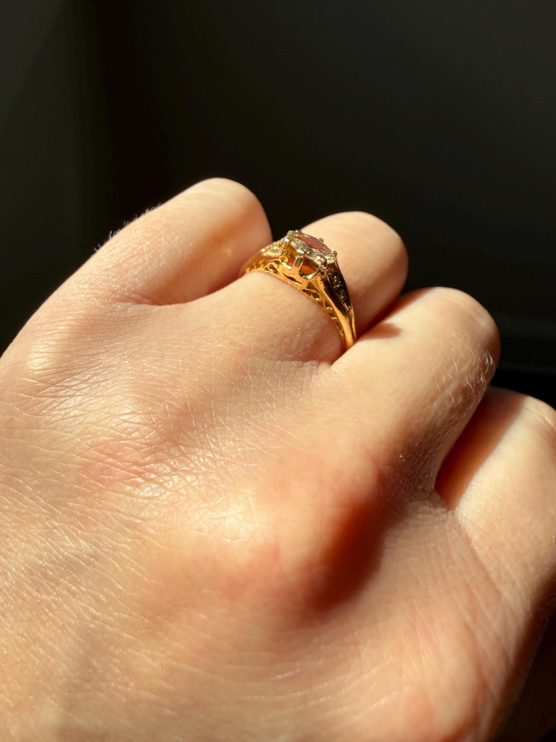 Marquise East West Old Mine Cut Ornate Filigree Ring 18k Gold French Antique Unique Band Stacker