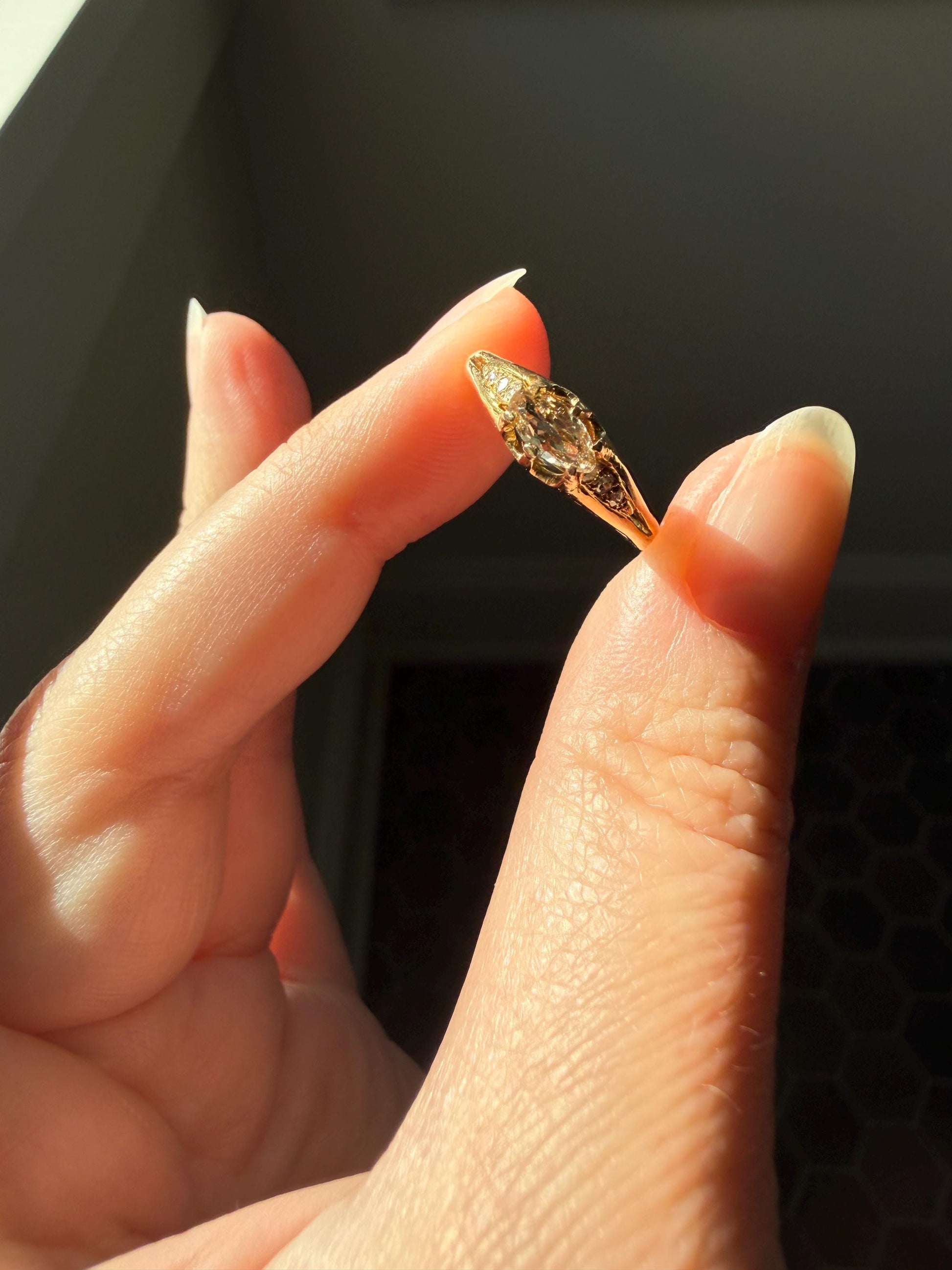 Marquise East West Old Mine Cut Ornate Filigree Ring 18k Gold French Antique Unique Band Stacker