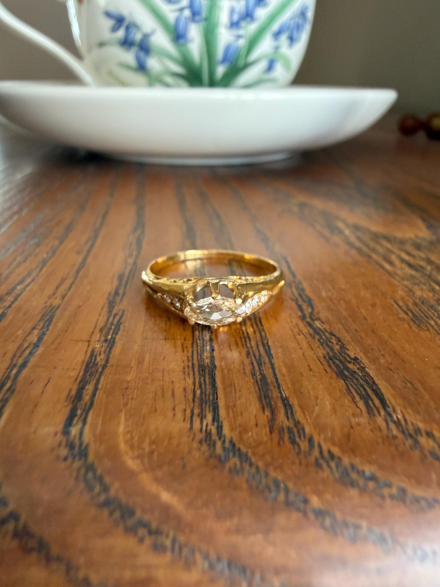 Marquise East West Old Mine Cut Ornate Filigree Ring 18k Gold French Antique Unique Band Stacker