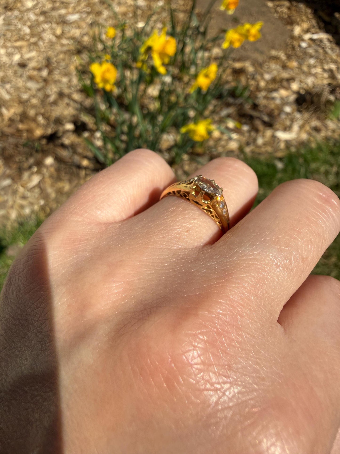 Marquise East West Old Mine Cut Ornate Filigree Ring 18k Gold French Antique Unique Band Stacker