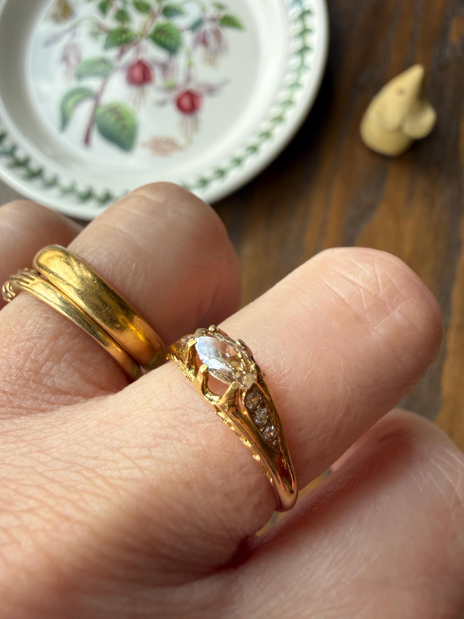 Marquise East West Old Mine Cut Ornate Filigree Ring 18k Gold French Antique Unique Band Stacker