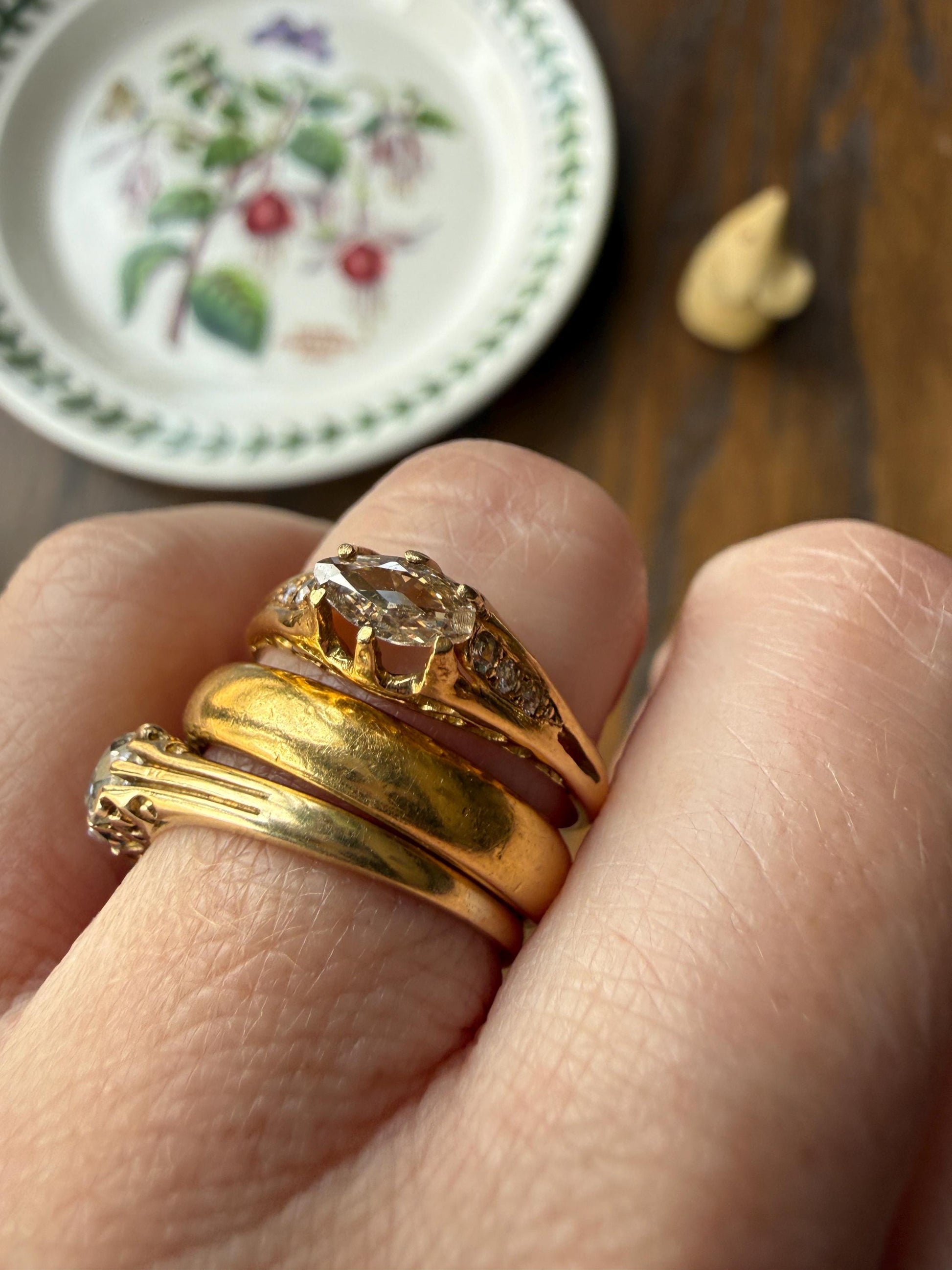 Marquise East West Old Mine Cut Ornate Filigree Ring 18k Gold French Antique Unique Band Stacker