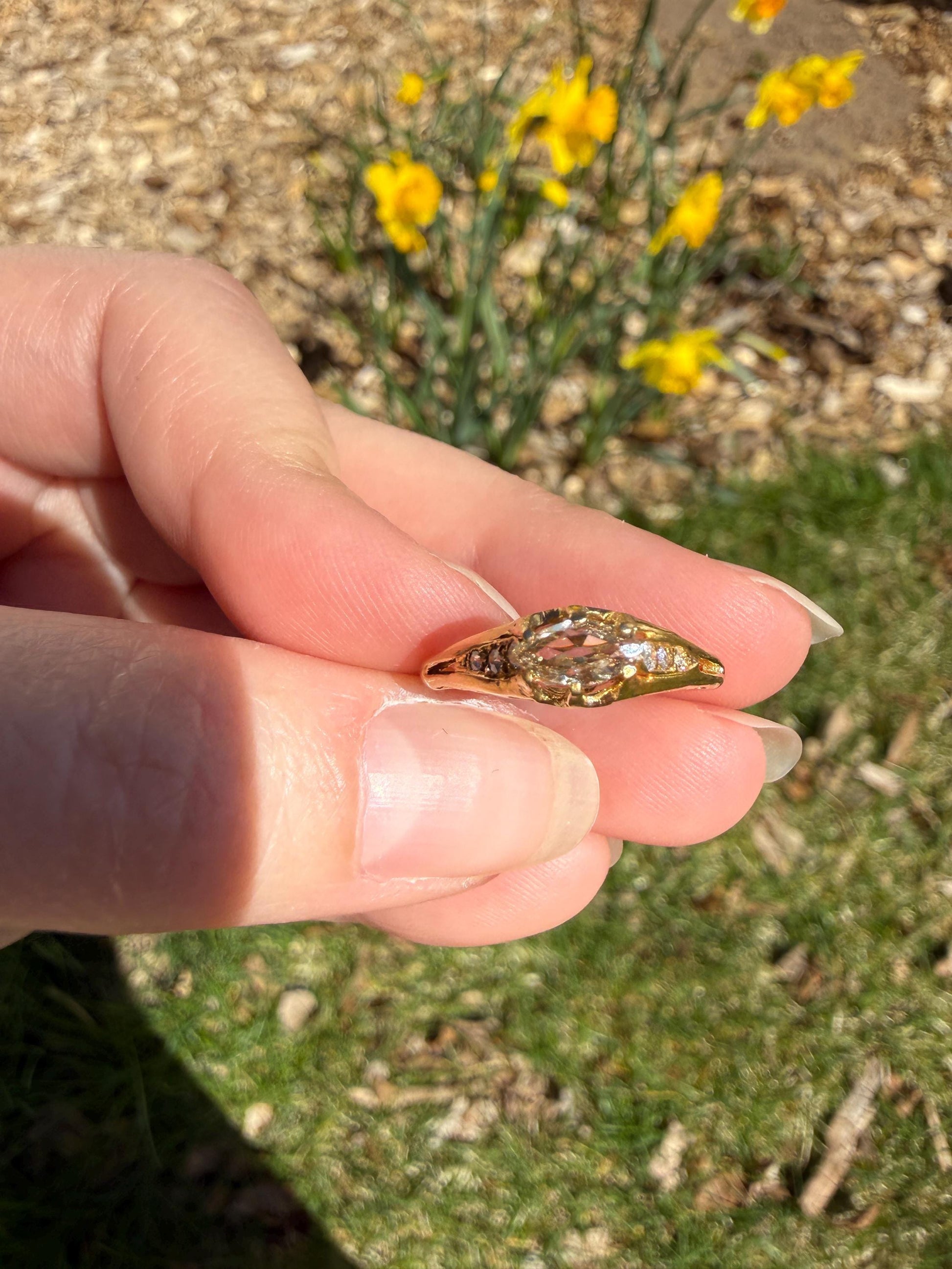 Marquise East West Old Mine Cut Ornate Filigree Ring 18k Gold French Antique Unique Band Stacker