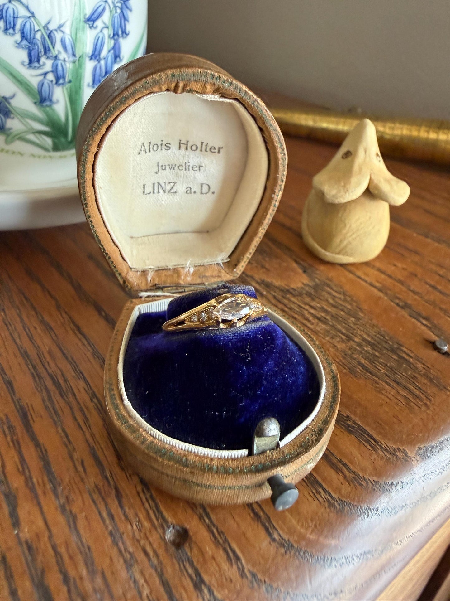 Marquise East West Old Mine Cut Ornate Filigree Ring 18k Gold French Antique Unique Band Stacker