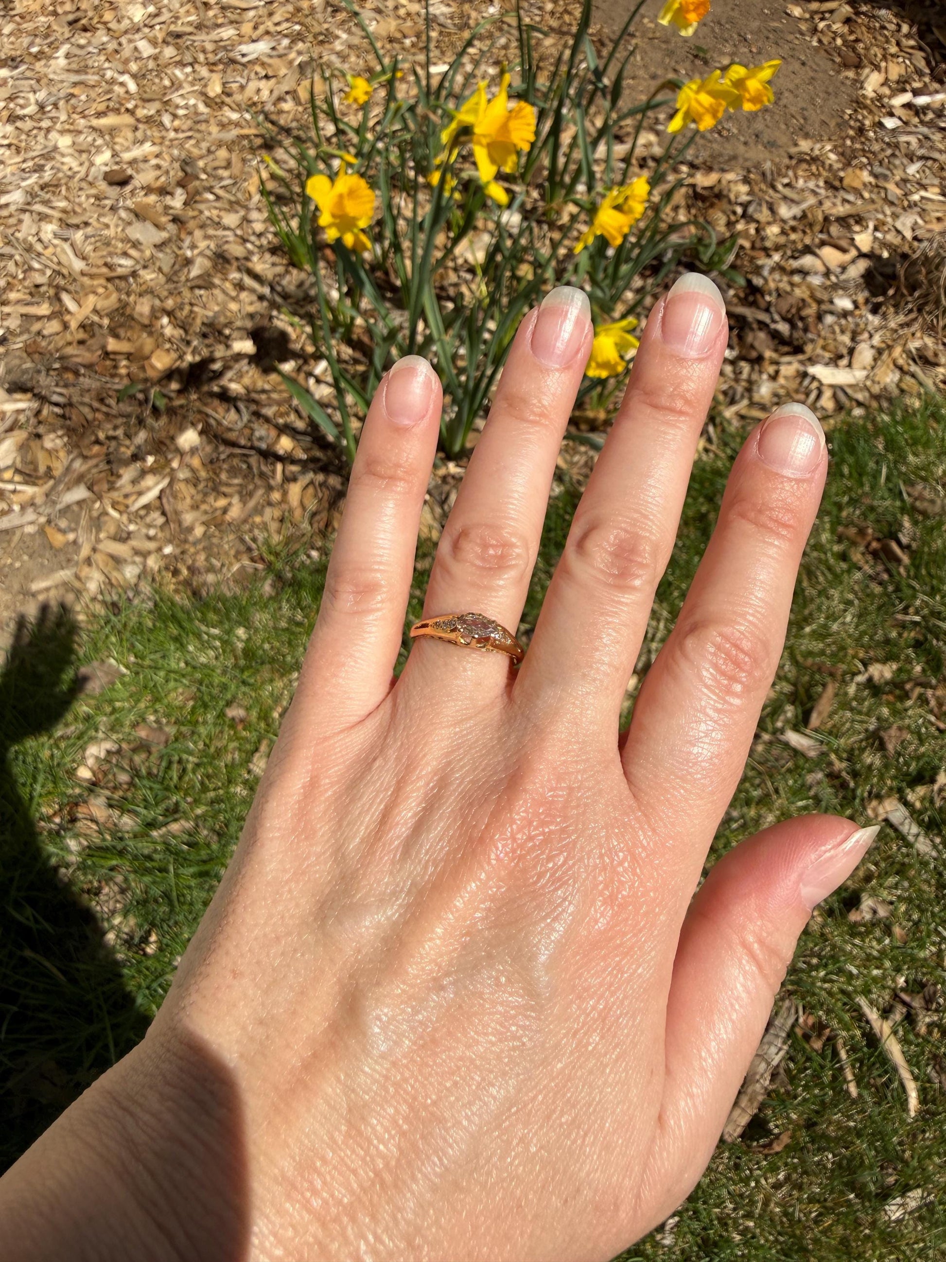 Marquise East West Old Mine Cut Ornate Filigree Ring 18k Gold French Antique Unique Band Stacker
