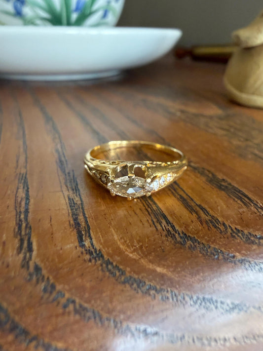 Marquise East West Old Mine Cut Ornate Filigree Ring 18k Gold French Antique Unique Band Stacker