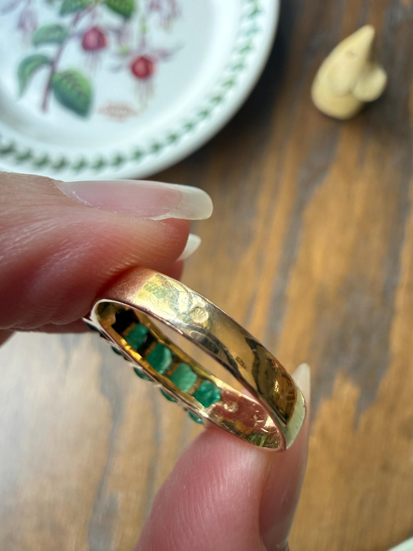 Natural EMERALD Oval Five Stone Band French Vintage 14k Gold Ring Green Linear Stacker Splayed Stacker