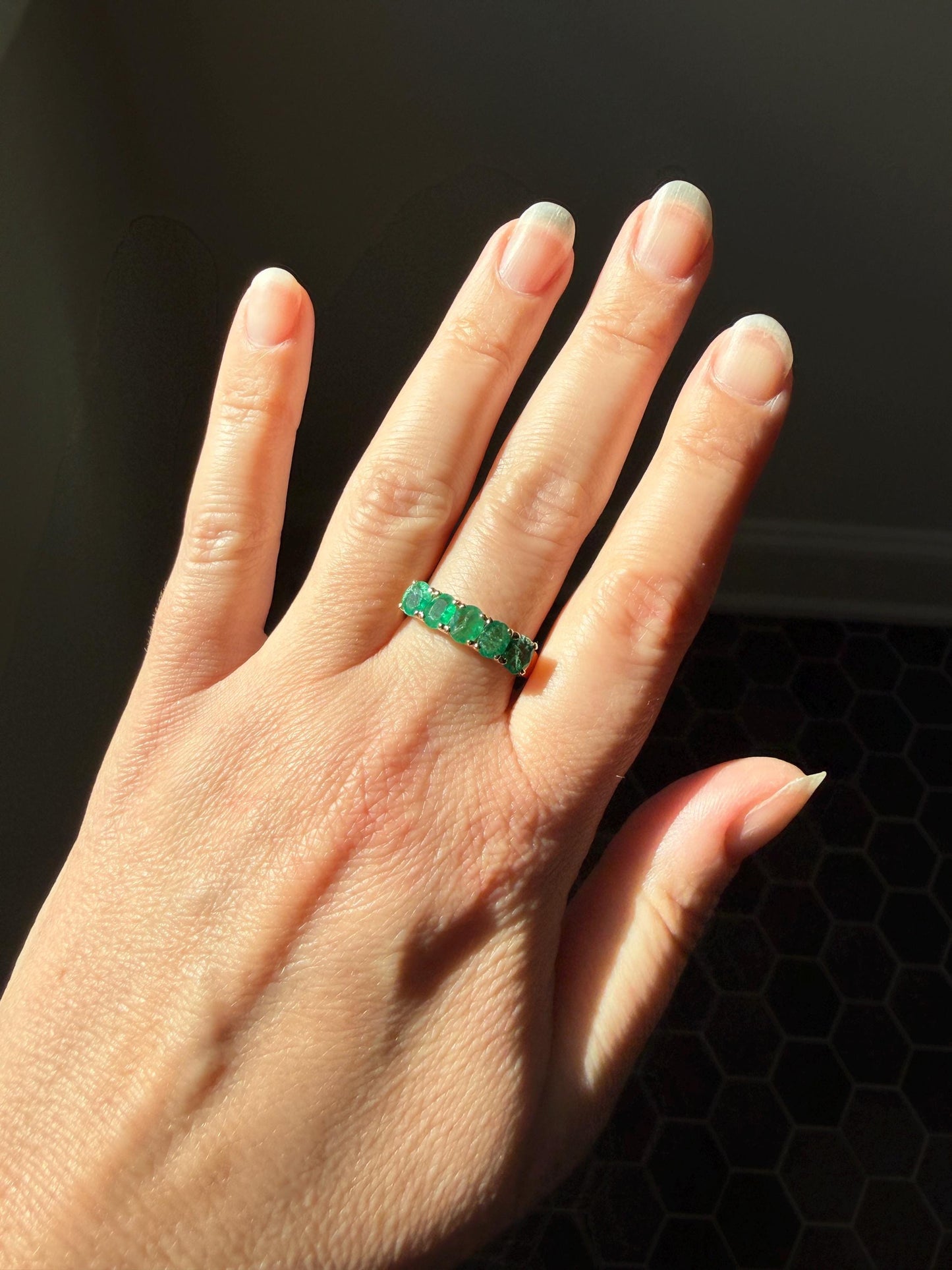 Natural EMERALD Oval Five Stone Band French Vintage 14k Gold Ring Green Linear Stacker Splayed Stacker