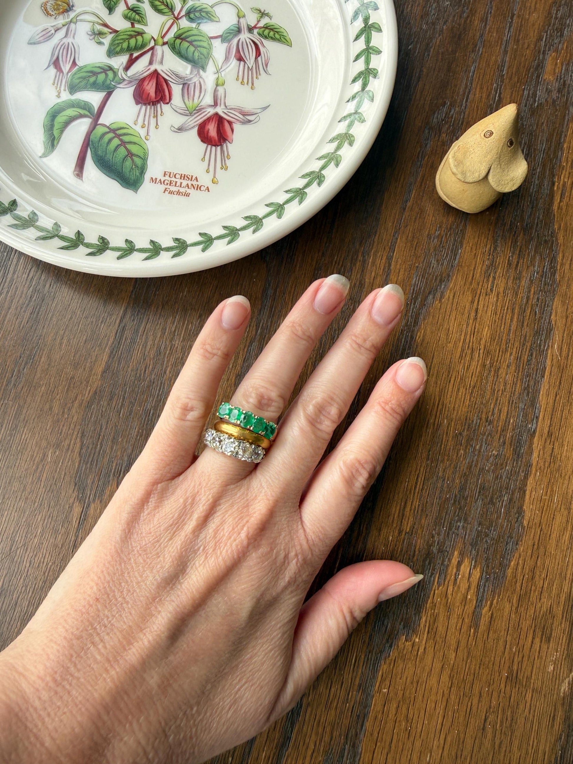 Natural EMERALD Oval Five Stone Band French Vintage 14k Gold Ring Green Linear Stacker Splayed Stacker