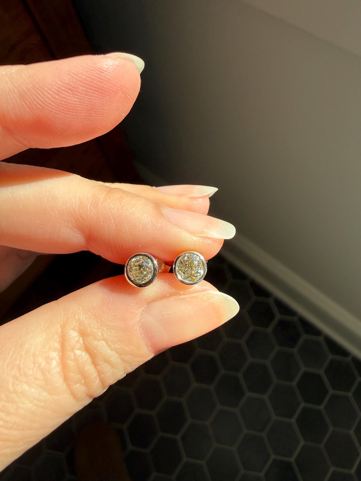 Timeless One Carat Tdw Natural Warm Old Mine Cut DIAMOND Bezel Set Studs Earrings Antique Stones Vintage 18k White Gold 1Ctw OMC Studs