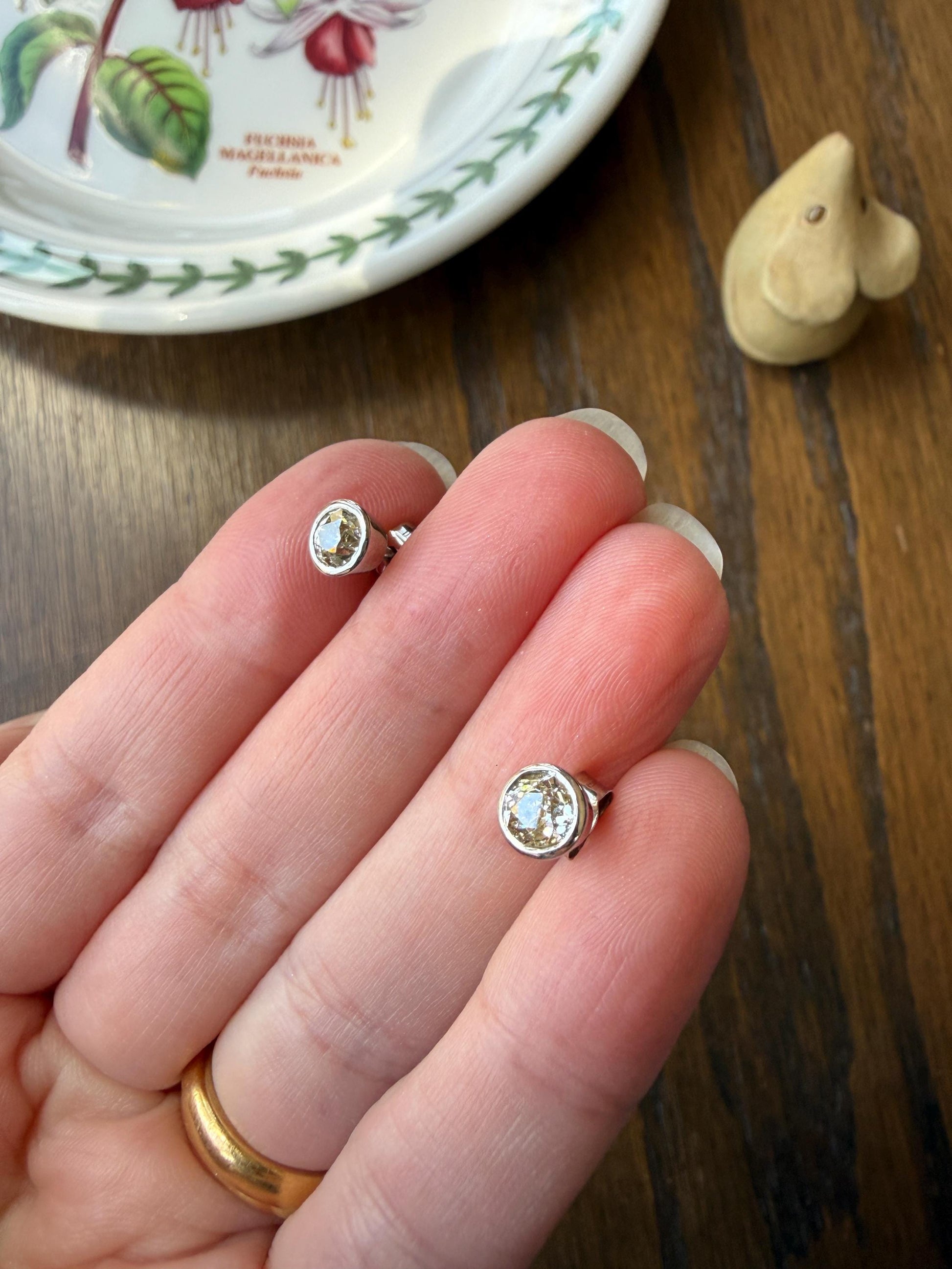 Timeless One Carat Tdw Natural Warm Old Mine Cut DIAMOND Bezel Set Studs Earrings Antique Stones Vintage 18k White Gold 1Ctw OMC Studs
