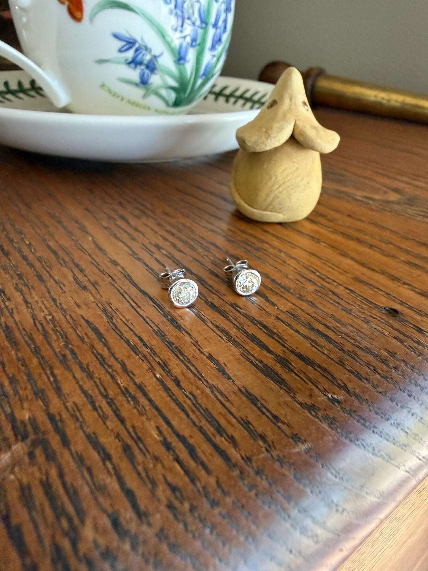 Timeless One Carat Tdw Natural Warm Old Mine Cut DIAMOND Bezel Set Studs Earrings Antique Stones Vintage 18k White Gold 1Ctw OMC Studs