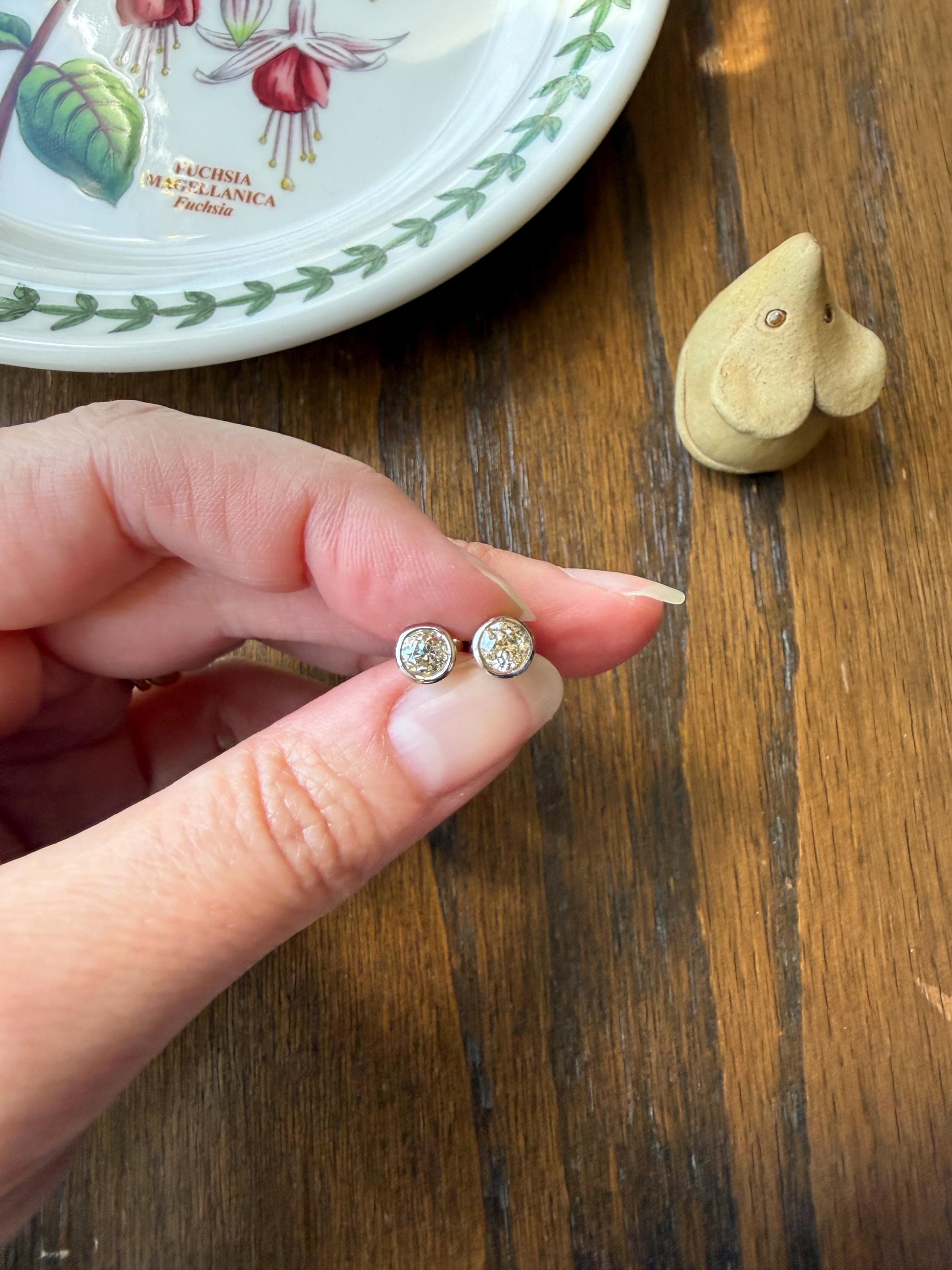 Timeless One Carat Tdw Natural Warm Old Mine Cut DIAMOND Bezel Set Studs Earrings Antique Stones Vintage 18k White Gold 1Ctw OMC Studs