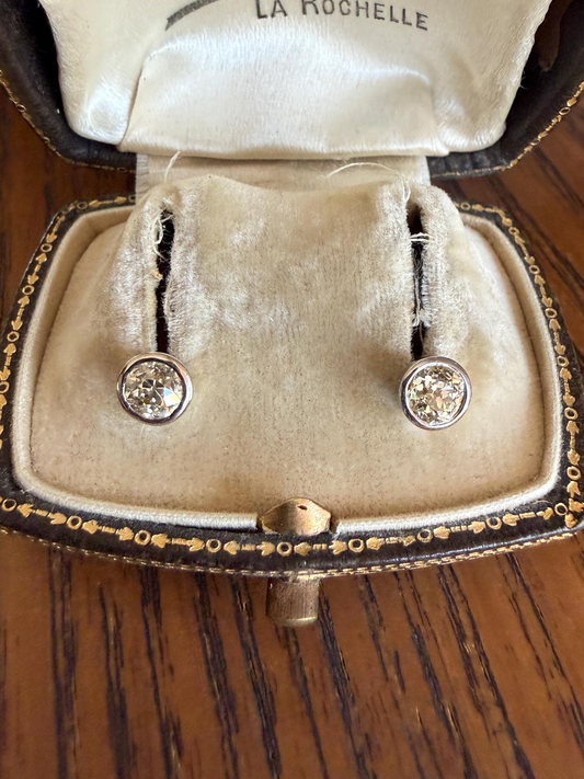 Timeless One Carat Tdw Natural Warm Old Mine Cut DIAMOND Bezel Set Studs Earrings Antique Stones Vintage 18k White Gold 1Ctw OMC Studs