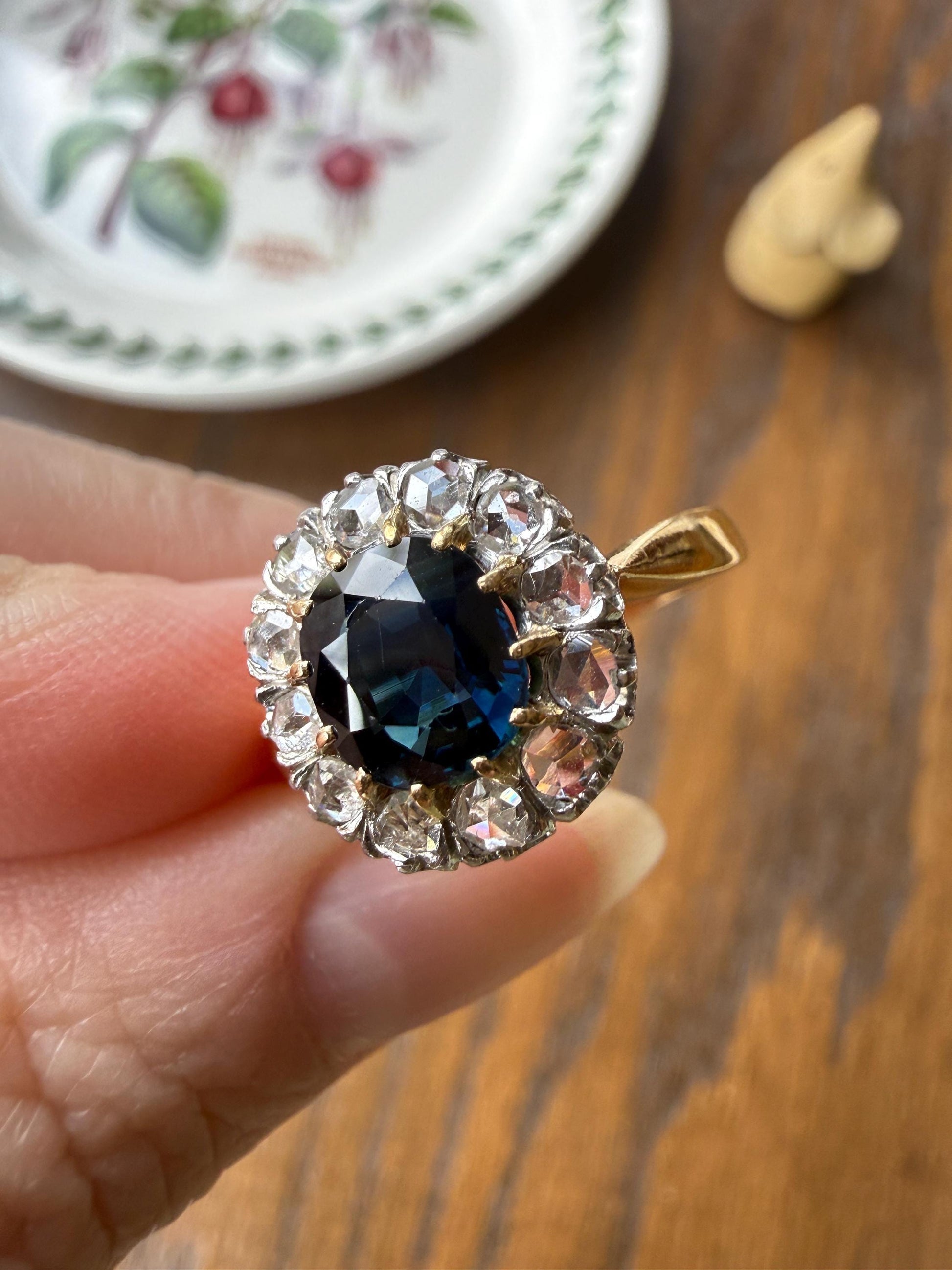 Antique Natural Sapphire Peacock Greenish Blue Halo Ring with Rose Cut Diamonds French Early 1900s Victorian Edwardian