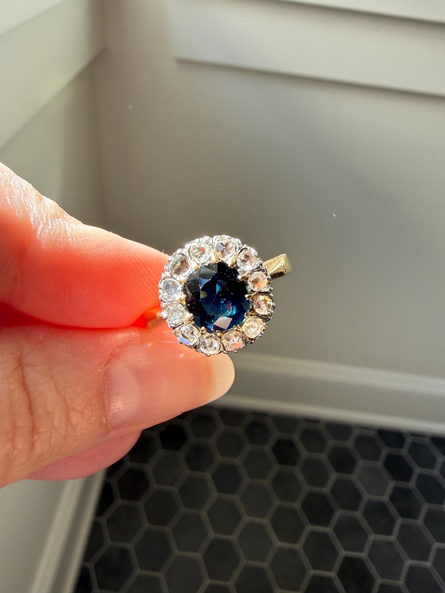 Antique Natural Sapphire Peacock Greenish Blue Halo Ring with Rose Cut Diamonds French Early 1900s Victorian Edwardian