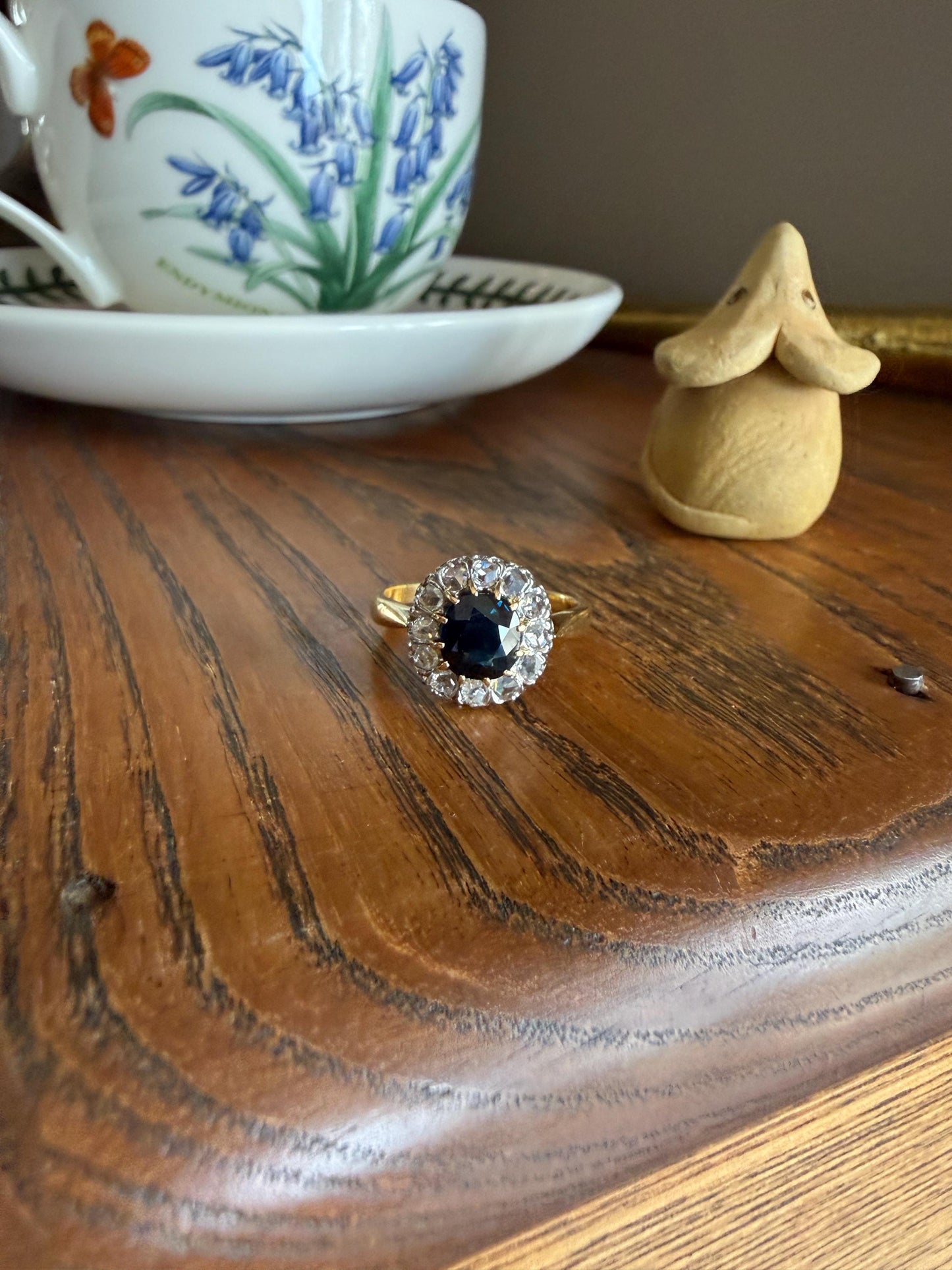 Antique Natural Sapphire Peacock Greenish Blue Halo Ring with Rose Cut Diamonds French Early 1900s Victorian Edwardian