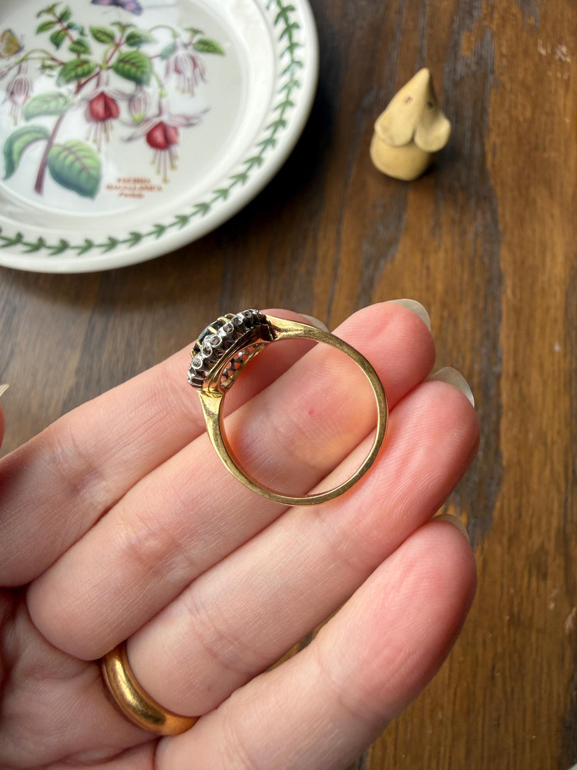 Antique Natural Sapphire Peacock Greenish Blue Halo Ring with Rose Cut Diamonds French Early 1900s Victorian Edwardian