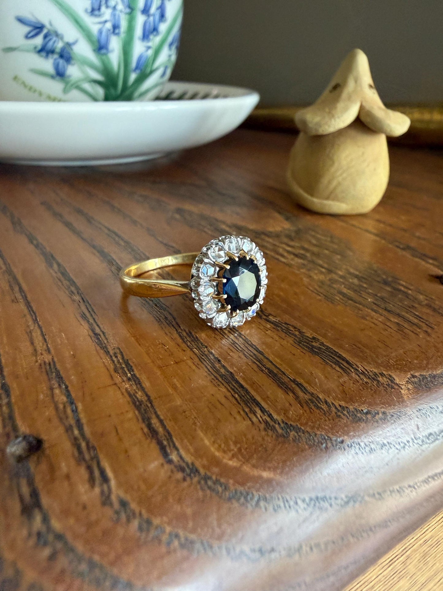 Antique Natural Sapphire Peacock Greenish Blue Halo Ring with Rose Cut Diamonds French Early 1900s Victorian Edwardian