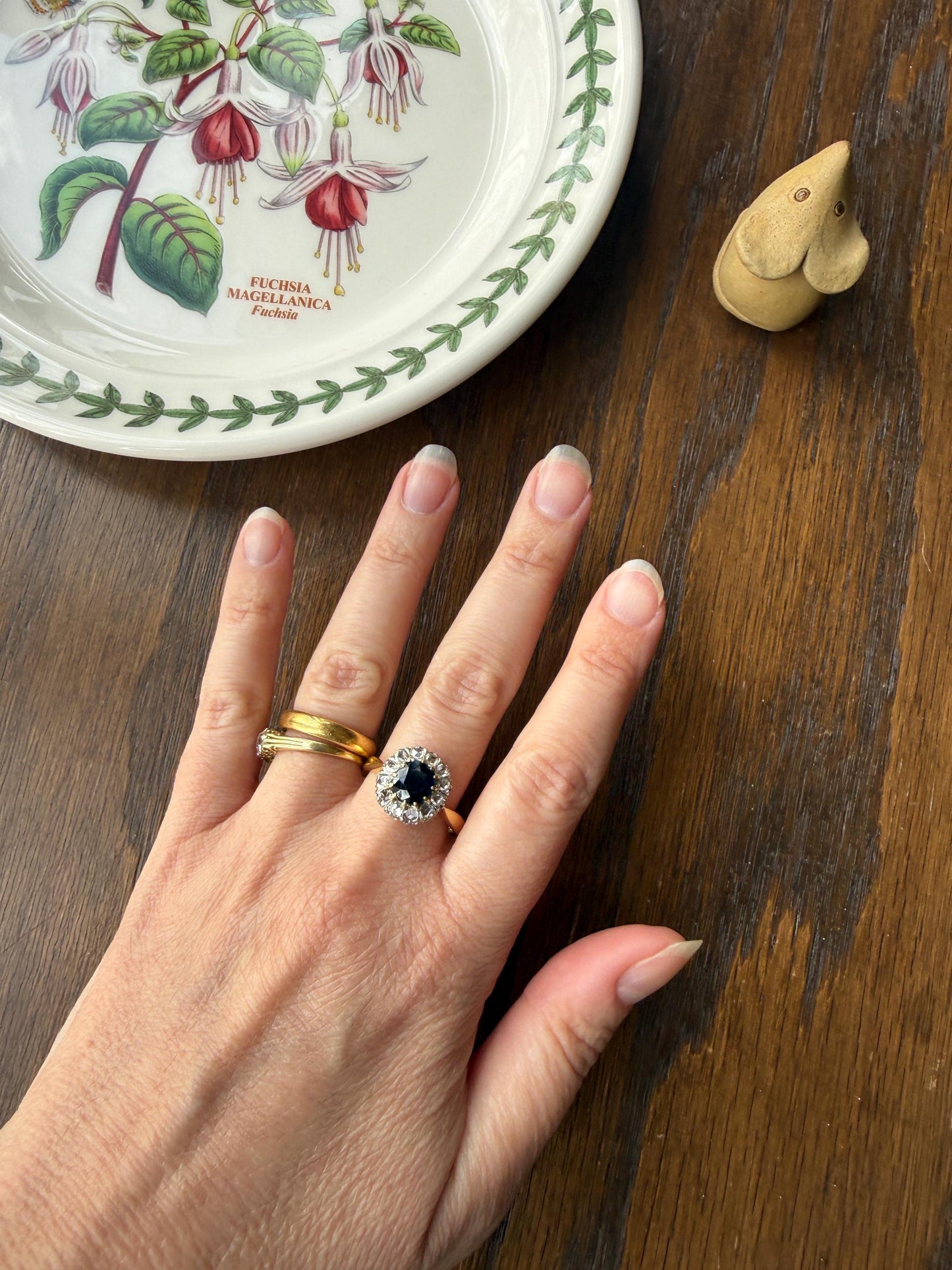 Antique Natural Sapphire Peacock Greenish Blue Halo Ring with Rose Cut Diamonds French Early 1900s Victorian Edwardian