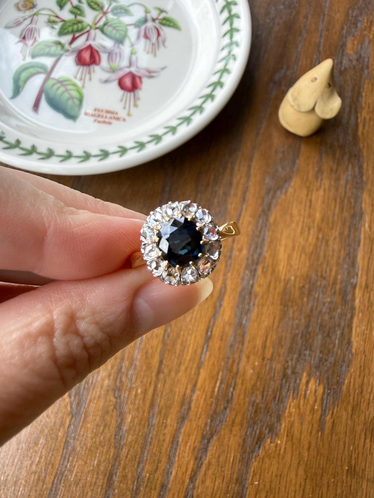 Antique Natural Sapphire Peacock Greenish Blue Halo Ring with Rose Cut Diamonds French Early 1900s Victorian Edwardian
