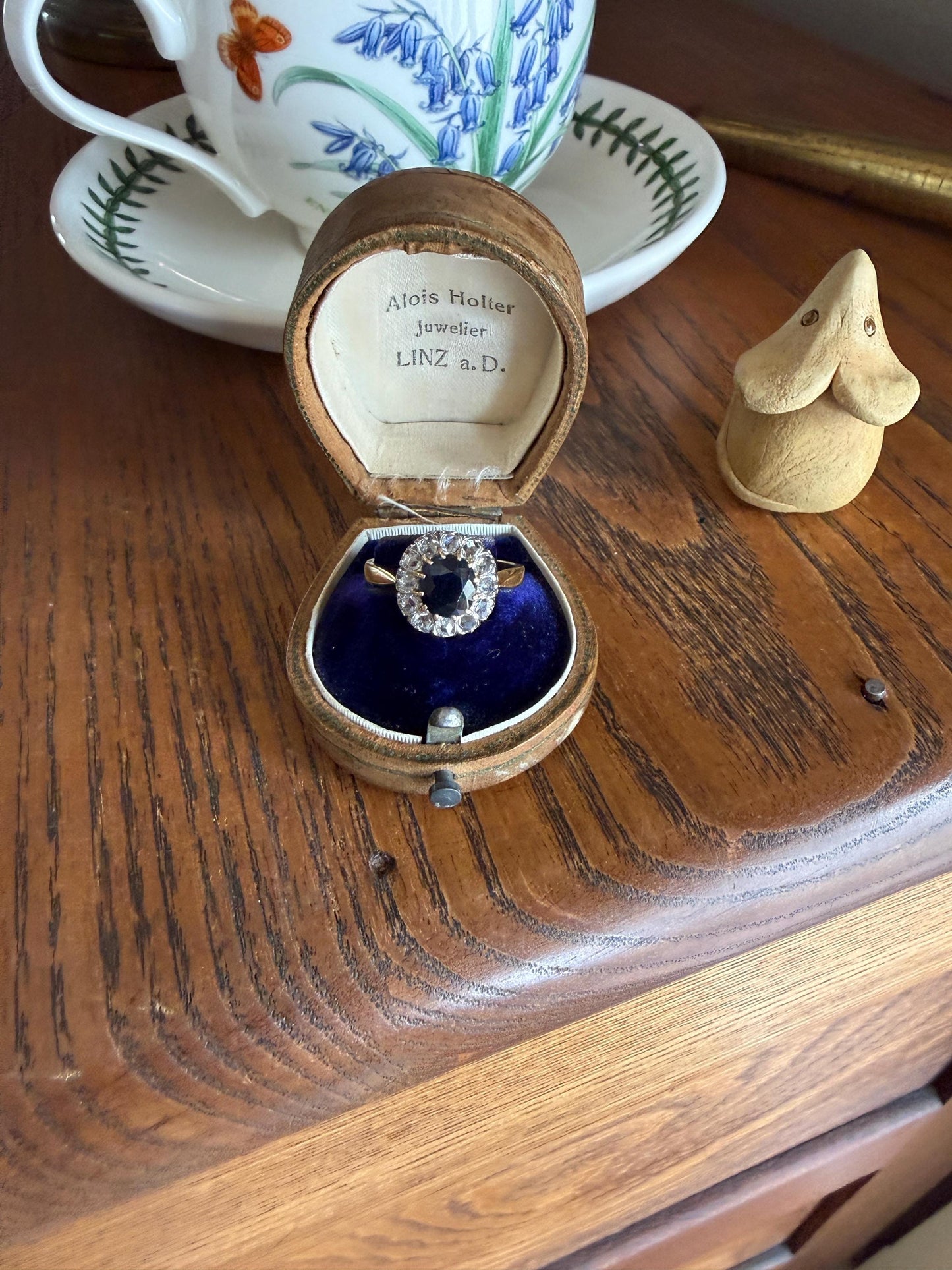Antique Natural Sapphire Peacock Greenish Blue Halo Ring with Rose Cut Diamonds French Early 1900s Victorian Edwardian