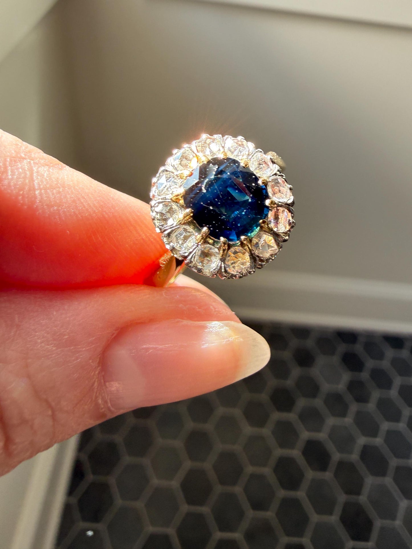 Antique Natural Sapphire Peacock Greenish Blue Halo Ring with Rose Cut Diamonds French Early 1900s Victorian Edwardian