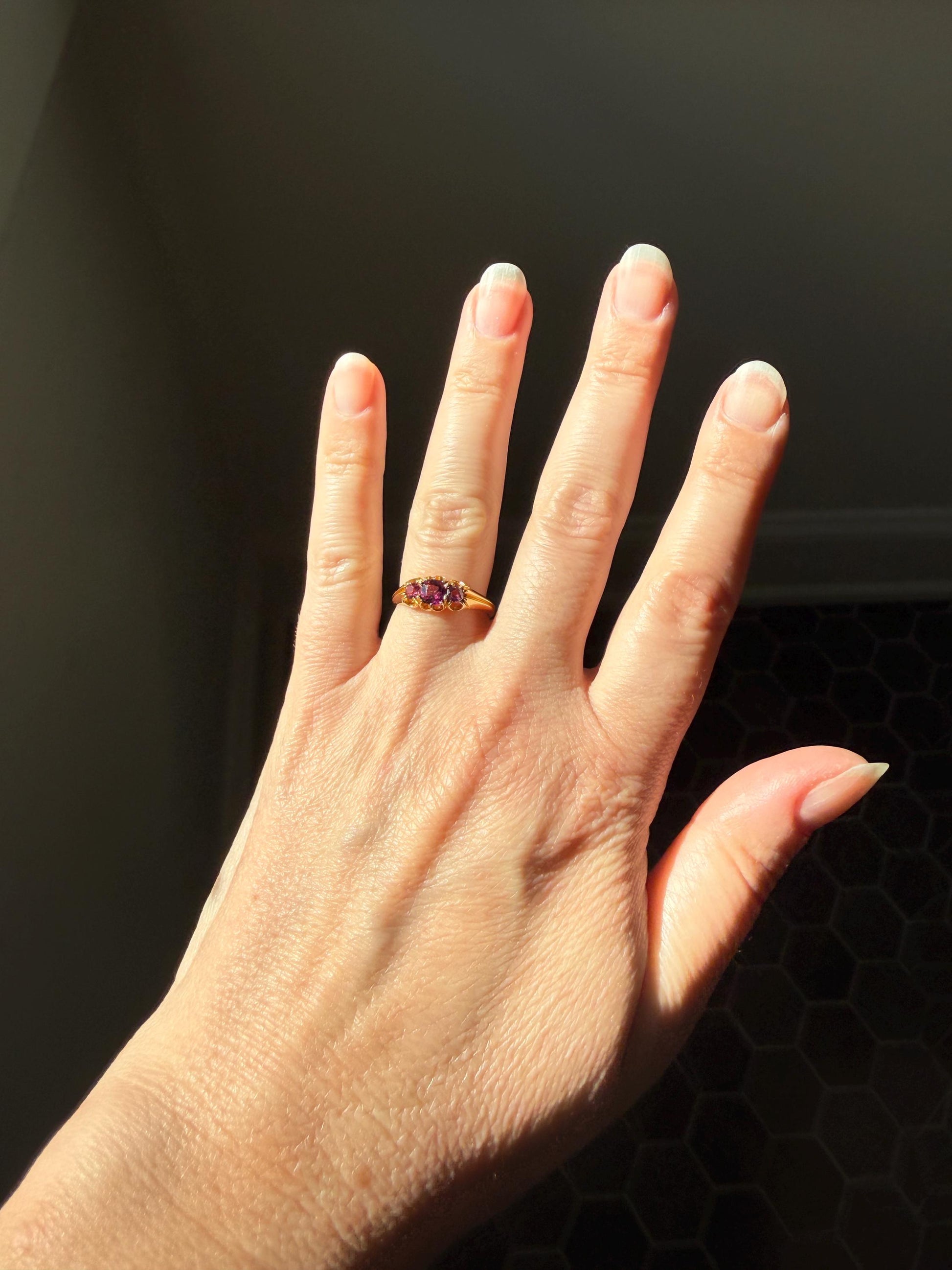 Antique Pinkish Purple Rhodolite Old Cut GARNET Three Stone Ring Victorian 18k Gold Stacker Band