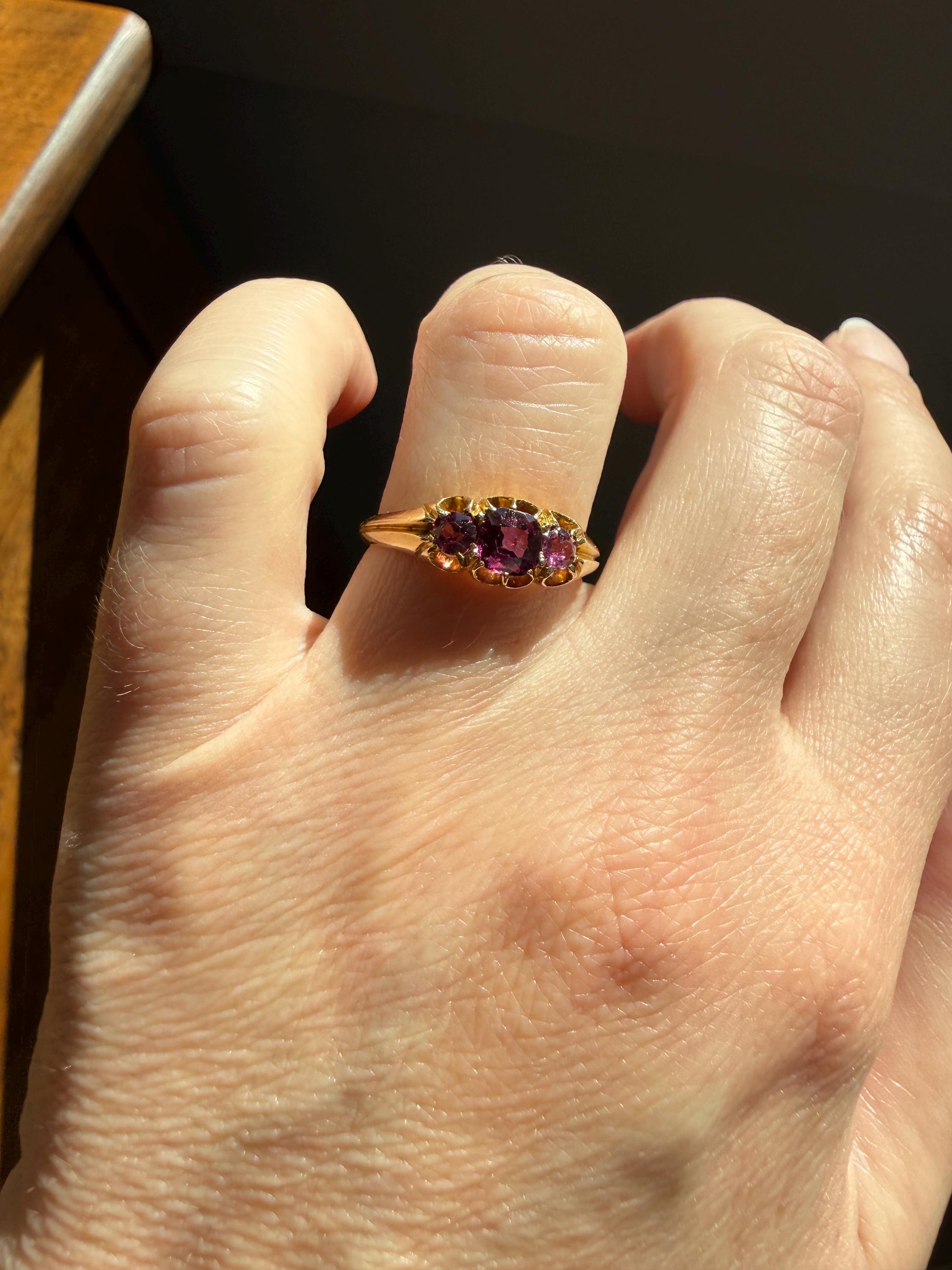 Antique Pinkish Purple Rhodolite Old Cut GARNET Three Stone Ring Victorian 18k Gold Stacker Band