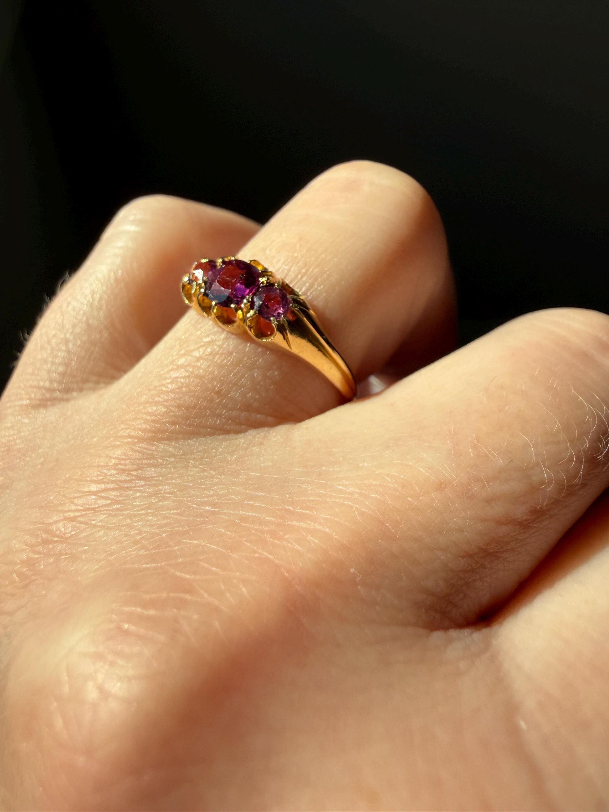 Antique Pinkish Purple Rhodolite Old Cut GARNET Three Stone Ring Victorian 18k Gold Stacker Band