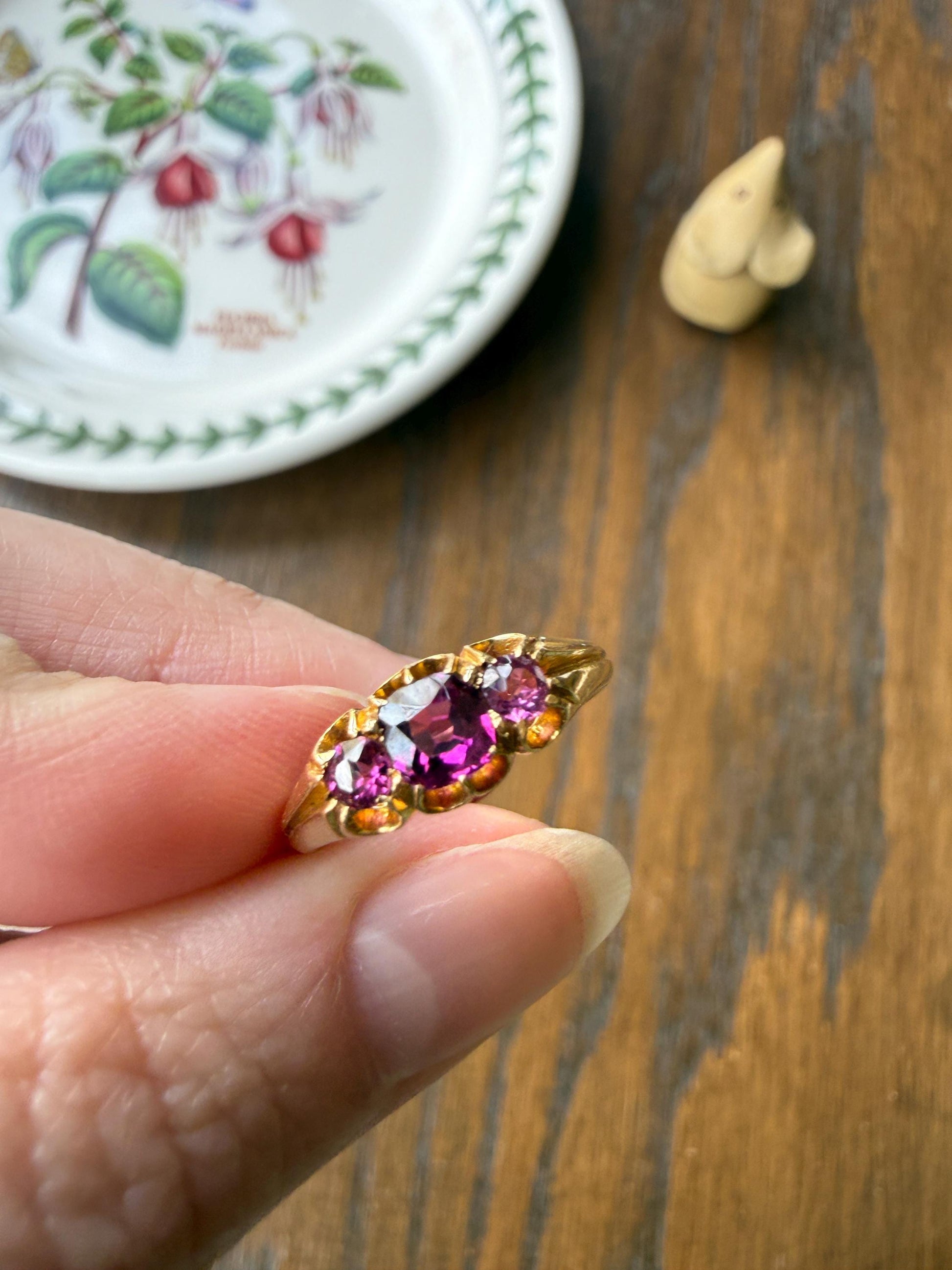 Antique Pinkish Purple Rhodolite Old Cut GARNET Three Stone Ring Victorian 18k Gold Stacker Band